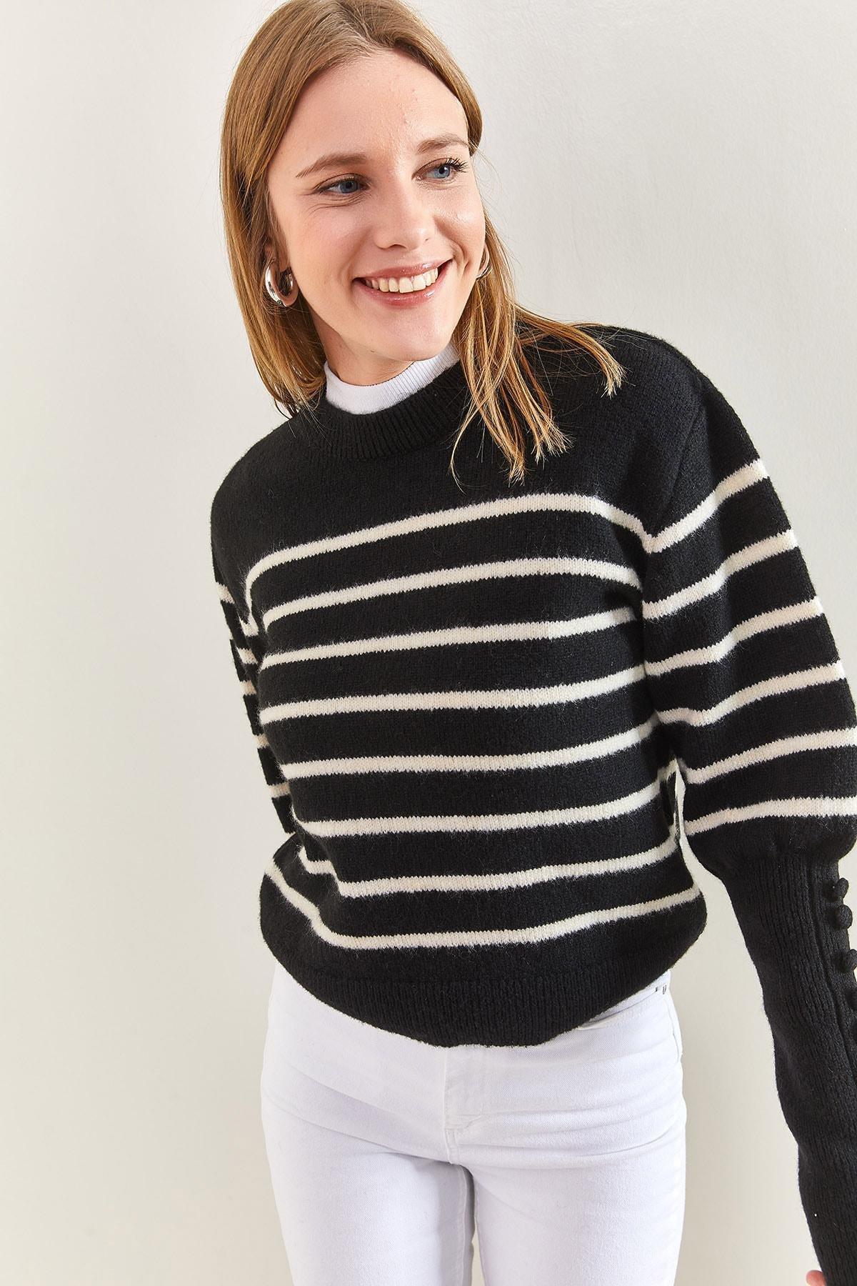 Multicolour Cufflinks Striped Knitted Sweater, Black-Beige, large image number 1