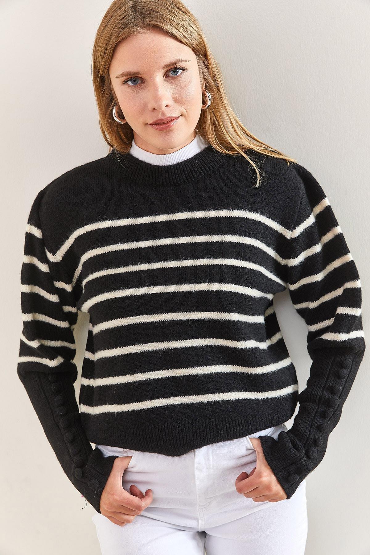 Multicolour Cufflinks Striped Knitted Sweater, Black-Beige, large image number 3