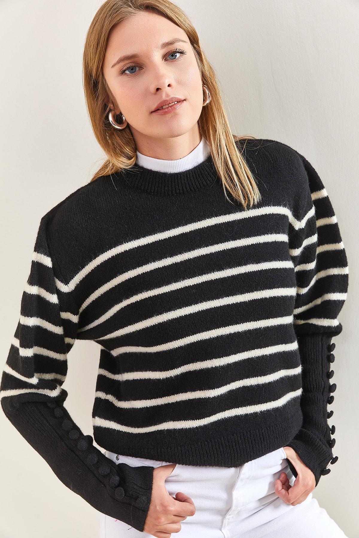 Multicolour Cufflinks Striped Knitted Sweater, Black-Beige, large image number 4