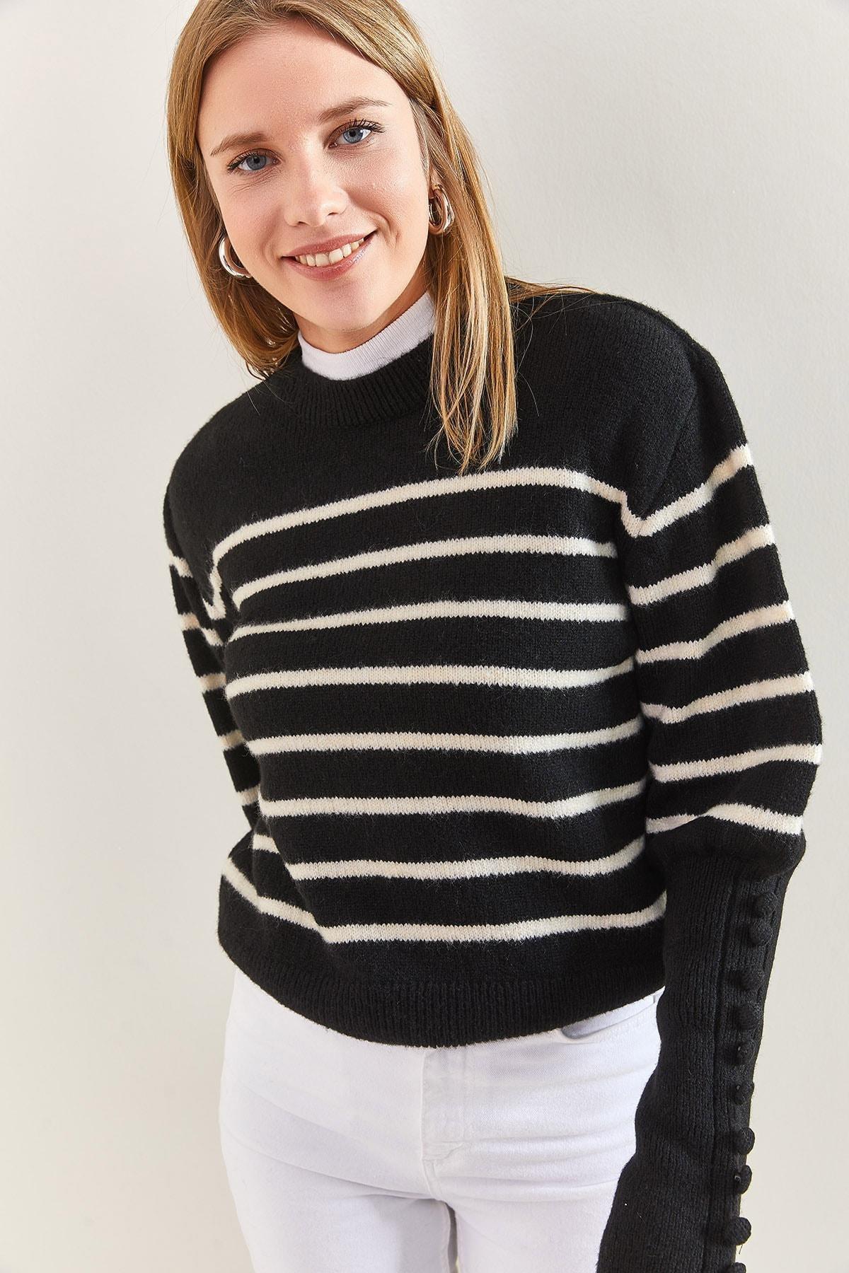 Multicolour Cufflinks Striped Knitted Sweater, Black-Beige, large image number 5