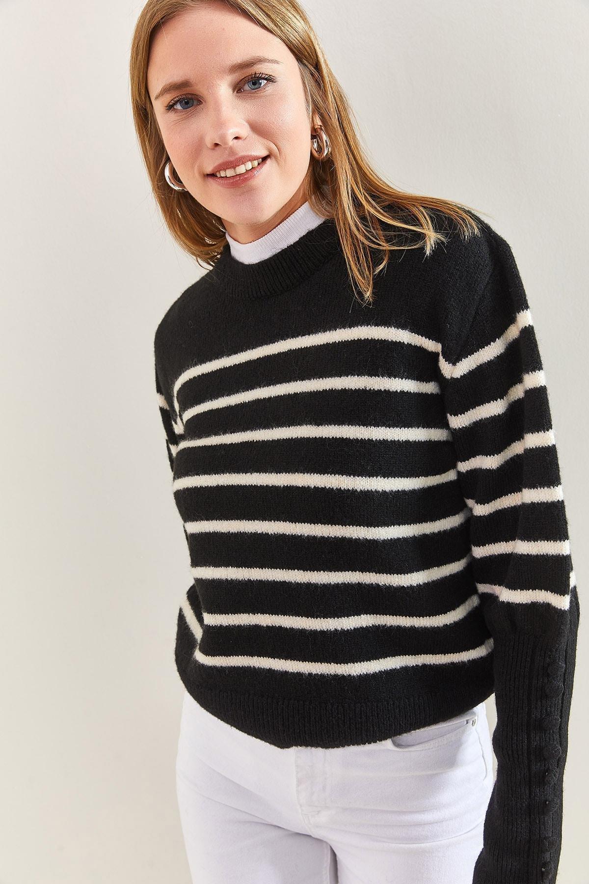 Multicolour Cufflinks Striped Knitted Sweater, Black-Beige, large image number 6