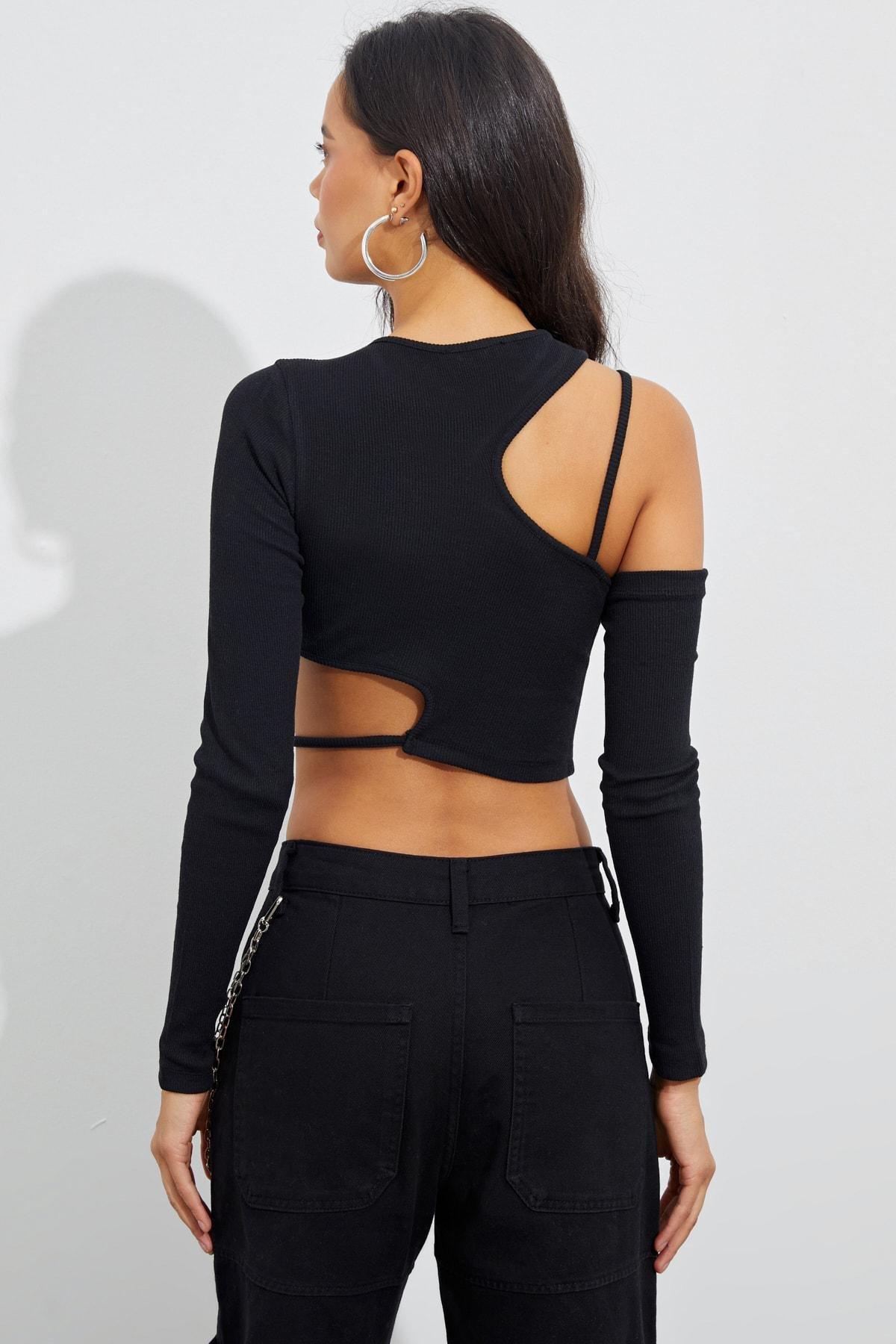 Black Asymmetric Slim Crop Top, , large image number 1