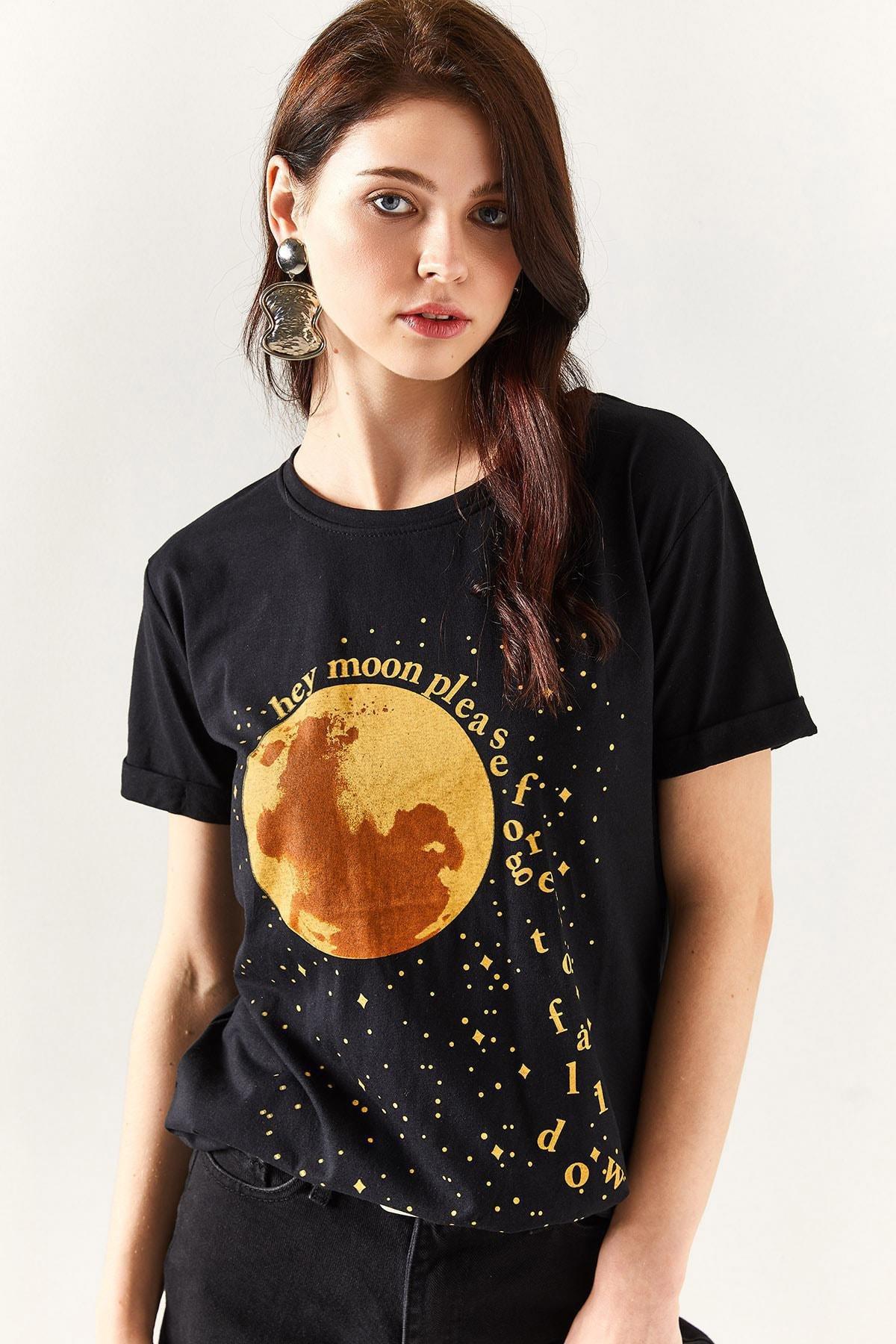 Black Printed Cotton T-Shirt, , medium