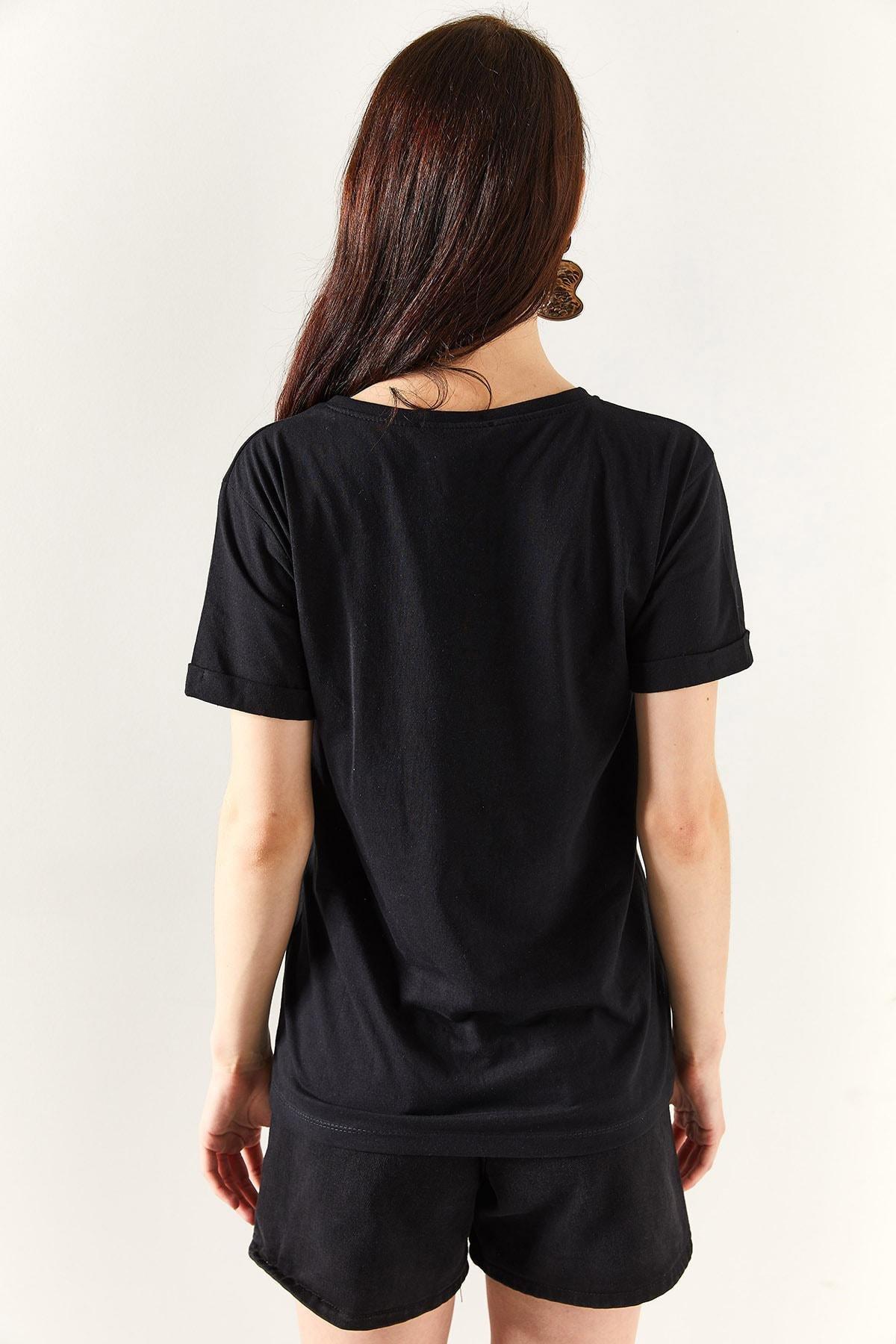 Black Printed Cotton T-Shirt, , large image number 4