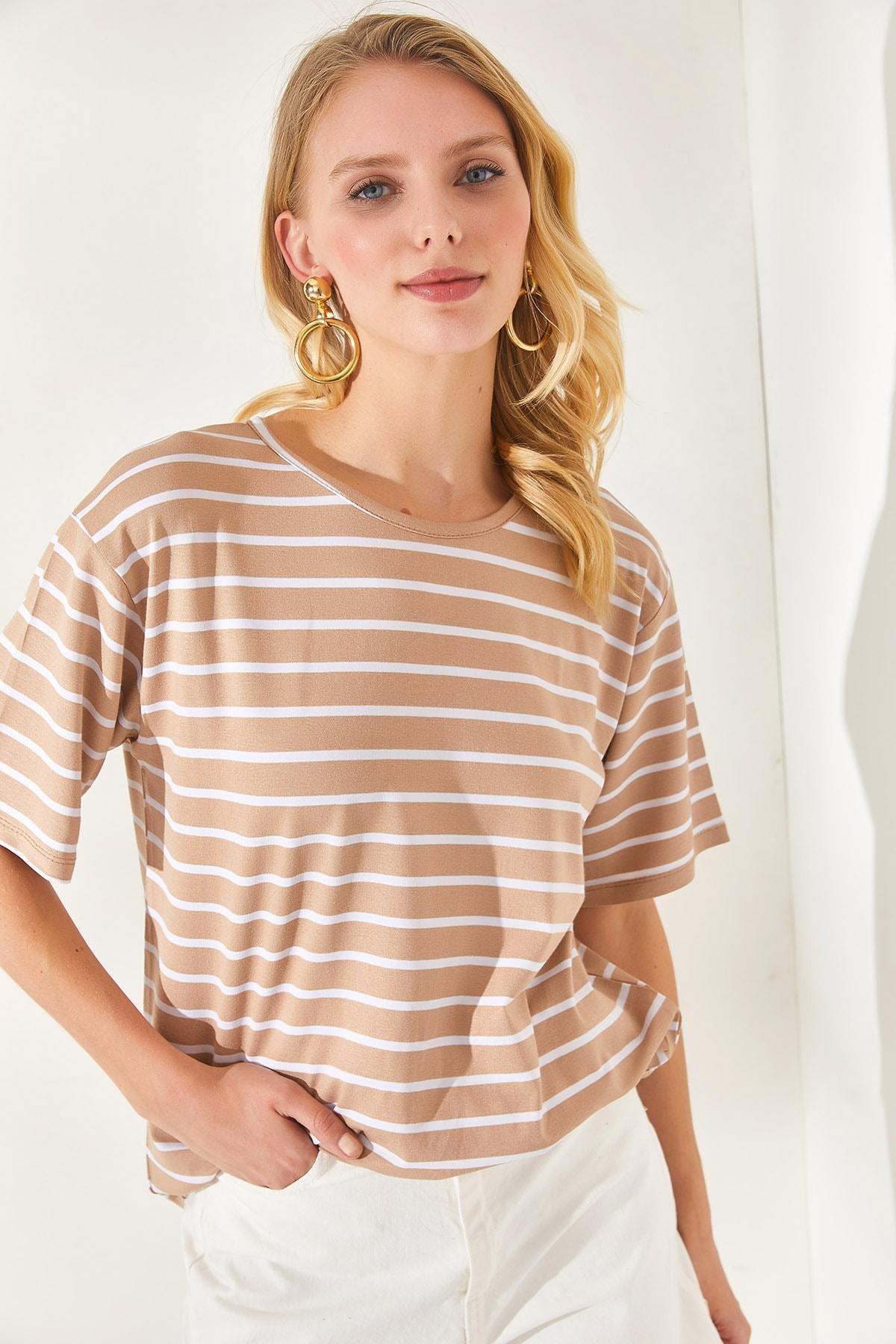 Brown Striped Crew Neck T-Shirt, , large image number 0