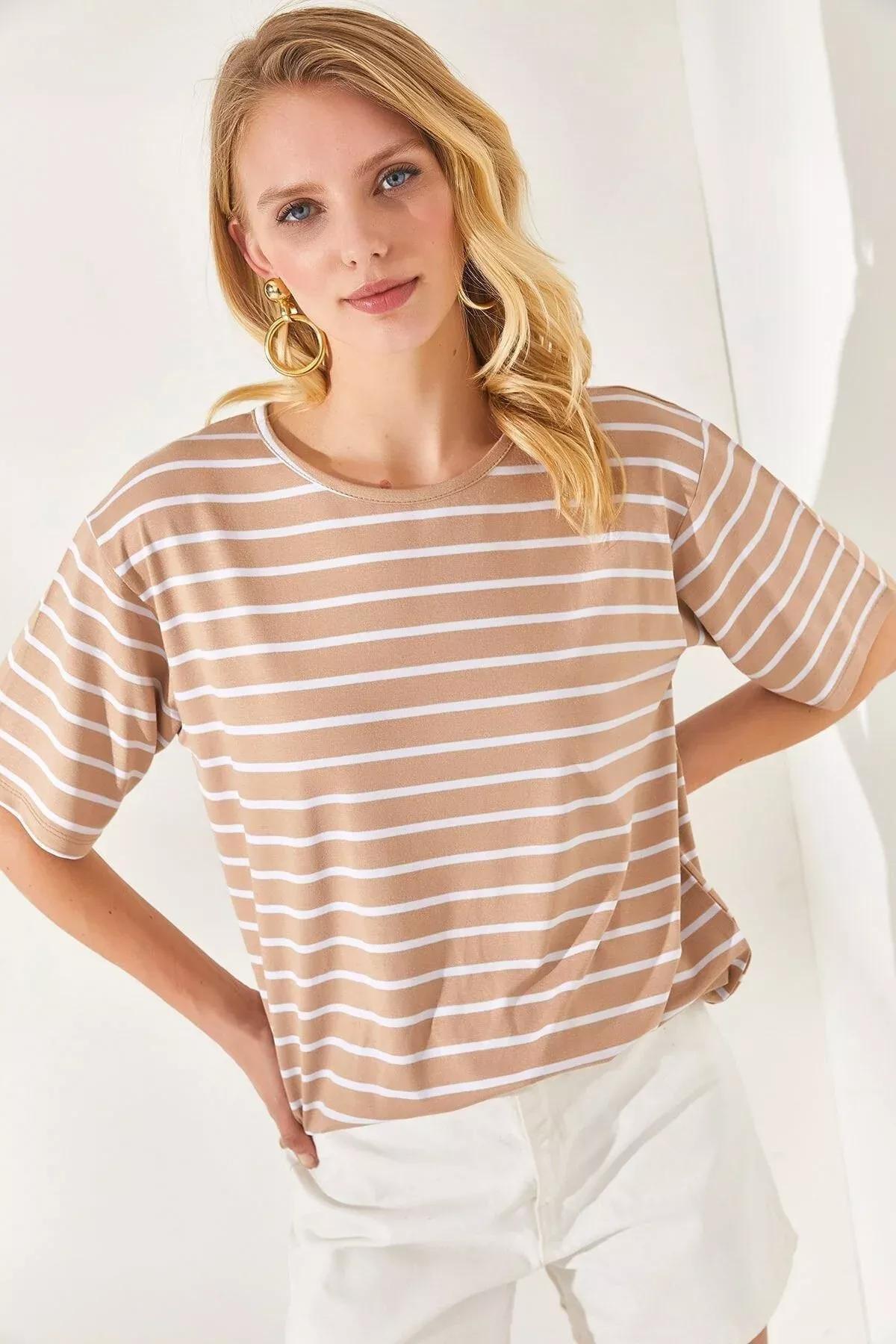 Brown Striped Crew Neck T-Shirt, , medium