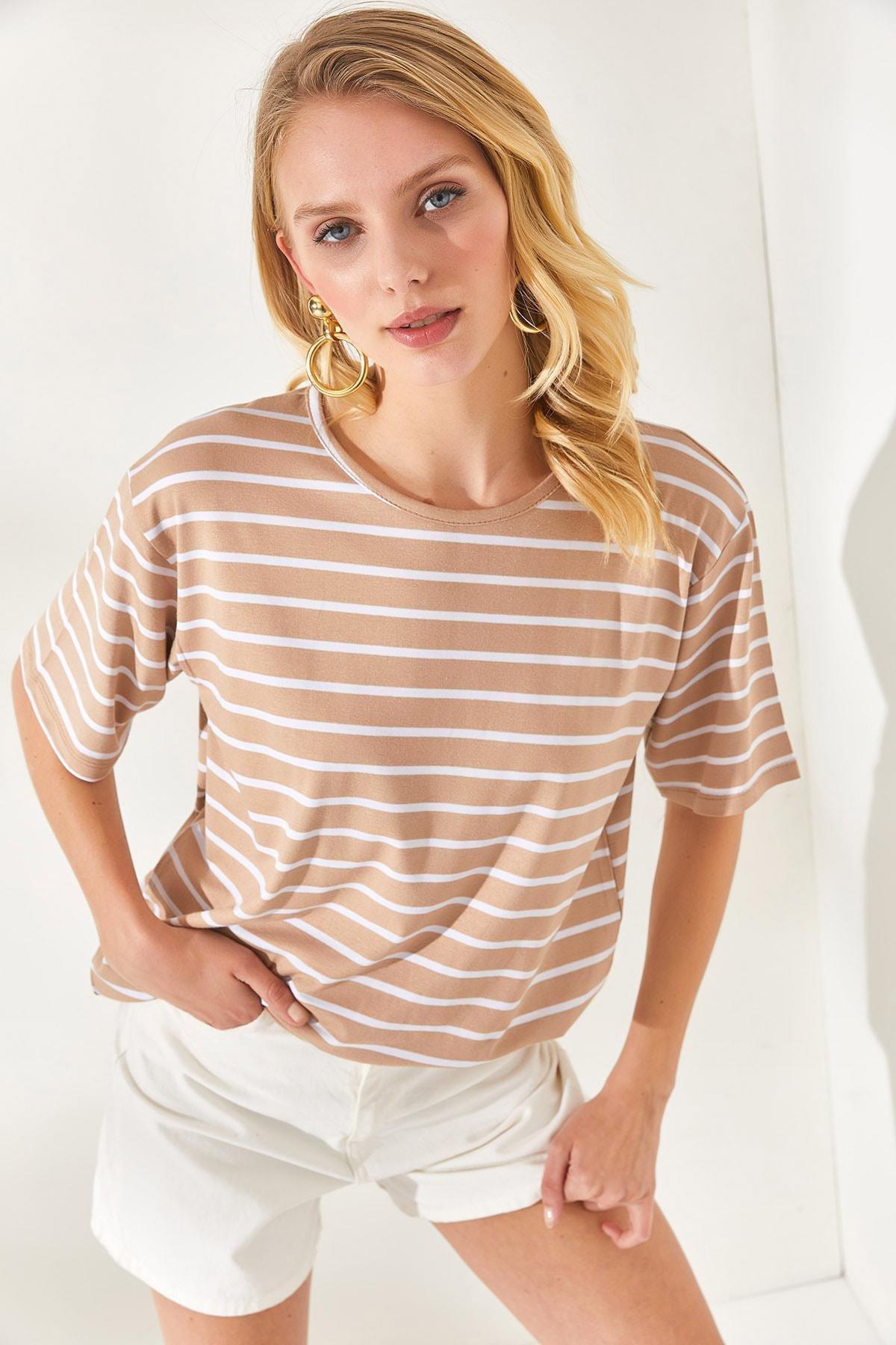 Brown Striped Crew Neck T-Shirt, , large image number 1