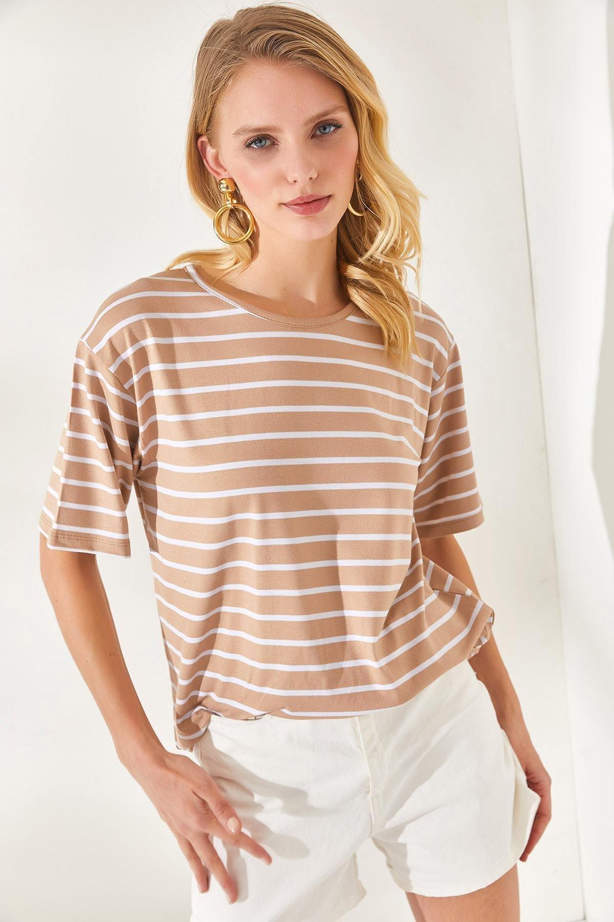 Brown Striped Crew Neck T-Shirt, , large image number 2