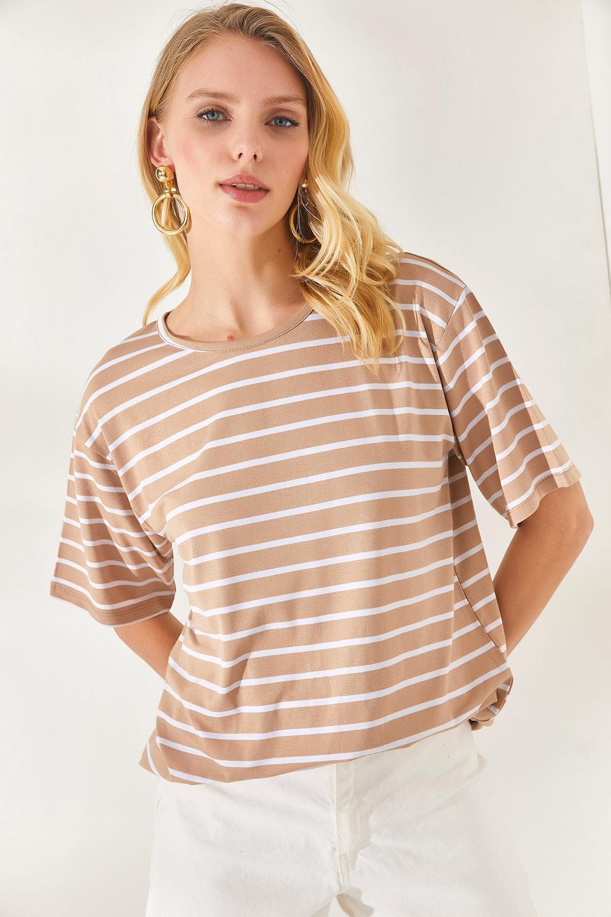 Brown Striped Crew Neck T-Shirt, , large image number 3