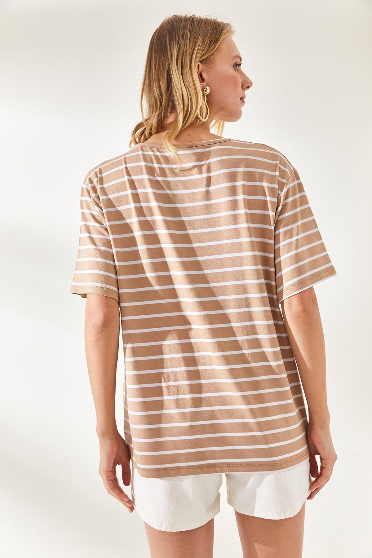 Brown Striped Crew Neck T-Shirt, , large image number 4