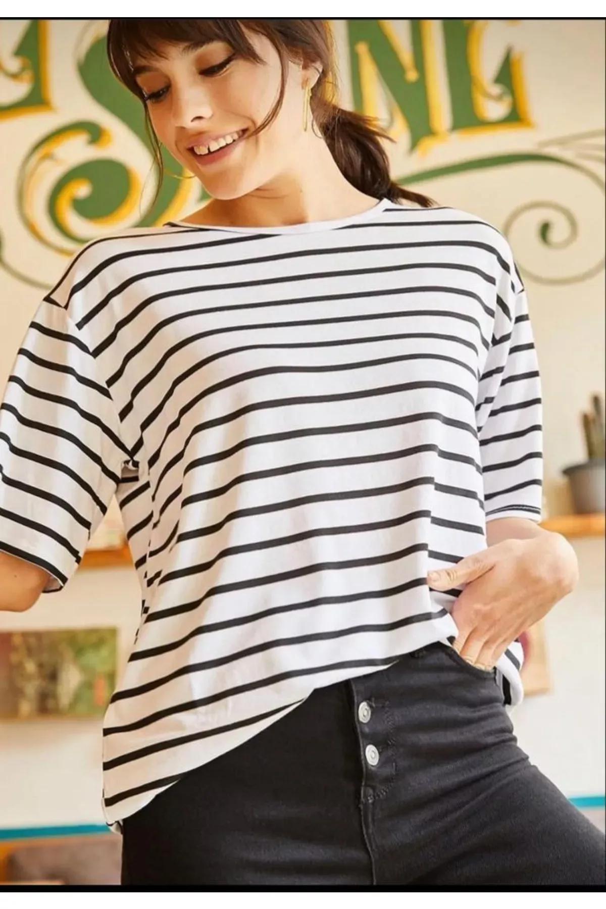 White Striped Loose T-Shirt, White, large image number 0