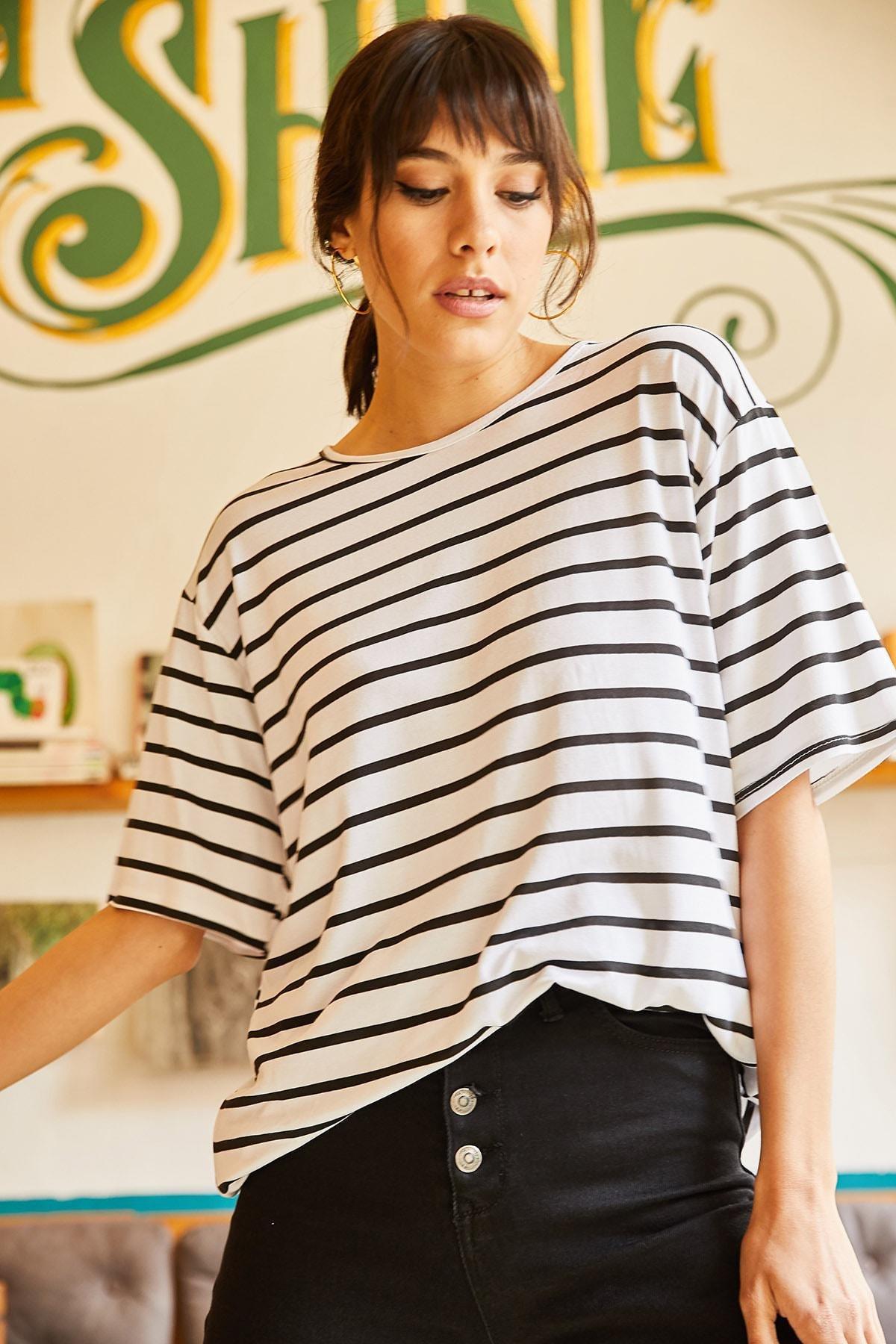 Womens White Striped Loose T-shirt TSH-19000283, single, , large image number 1
