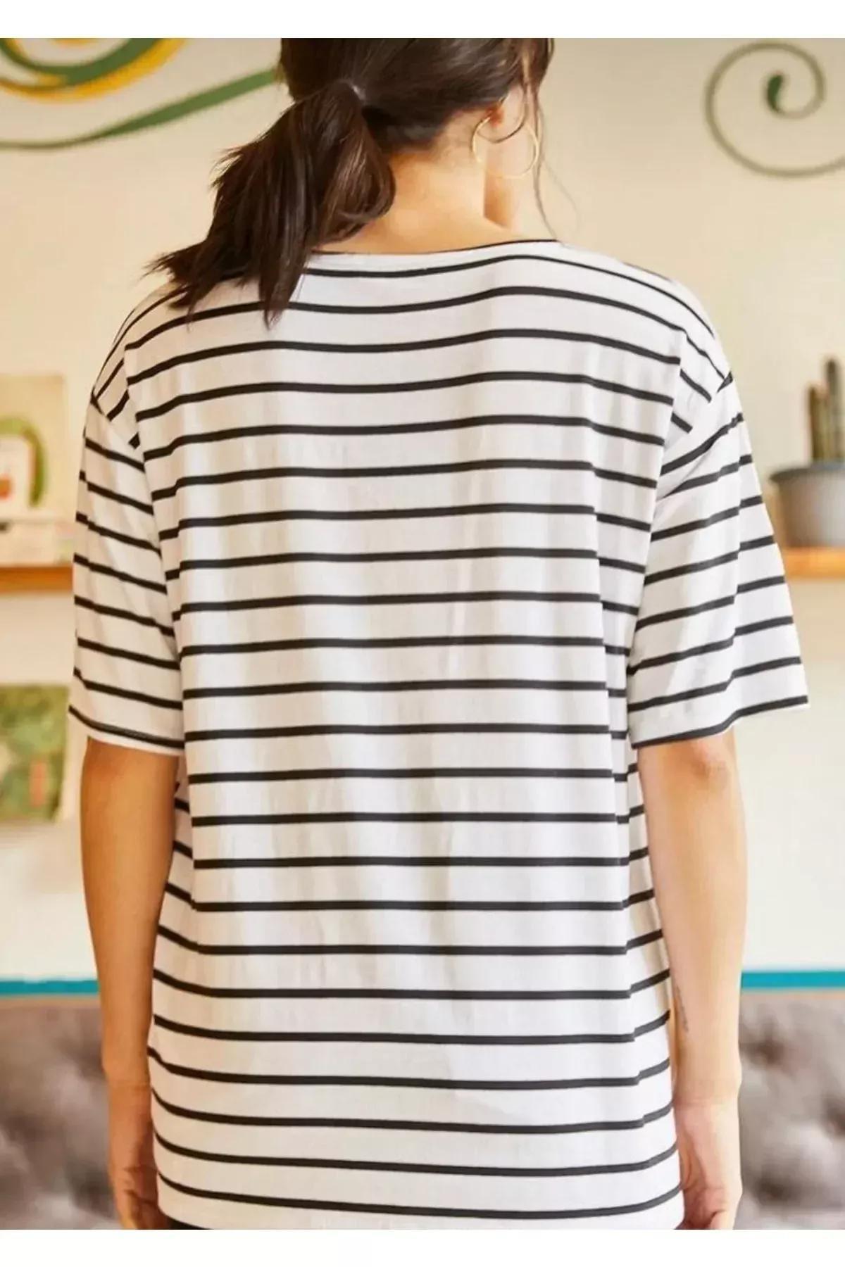 White Striped Loose T-Shirt, White, large image number 1