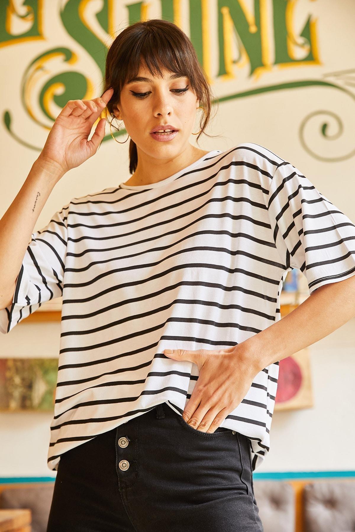 Womens White Striped Loose T-shirt TSH-19000283, single, , large image number 2
