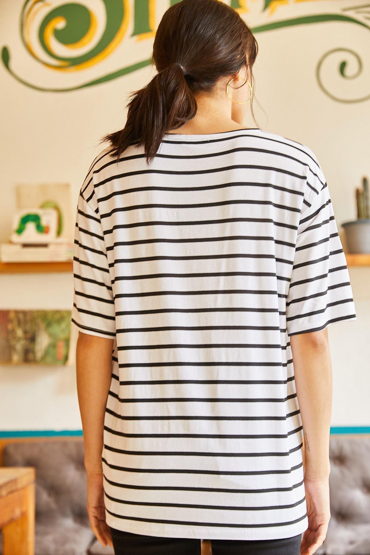Womens White Striped Loose T-shirt TSH-19000283, single, , large image number 3