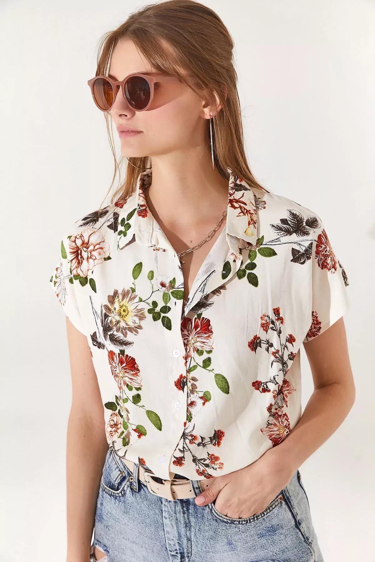 Ecru Floral Collared Shirt, , medium