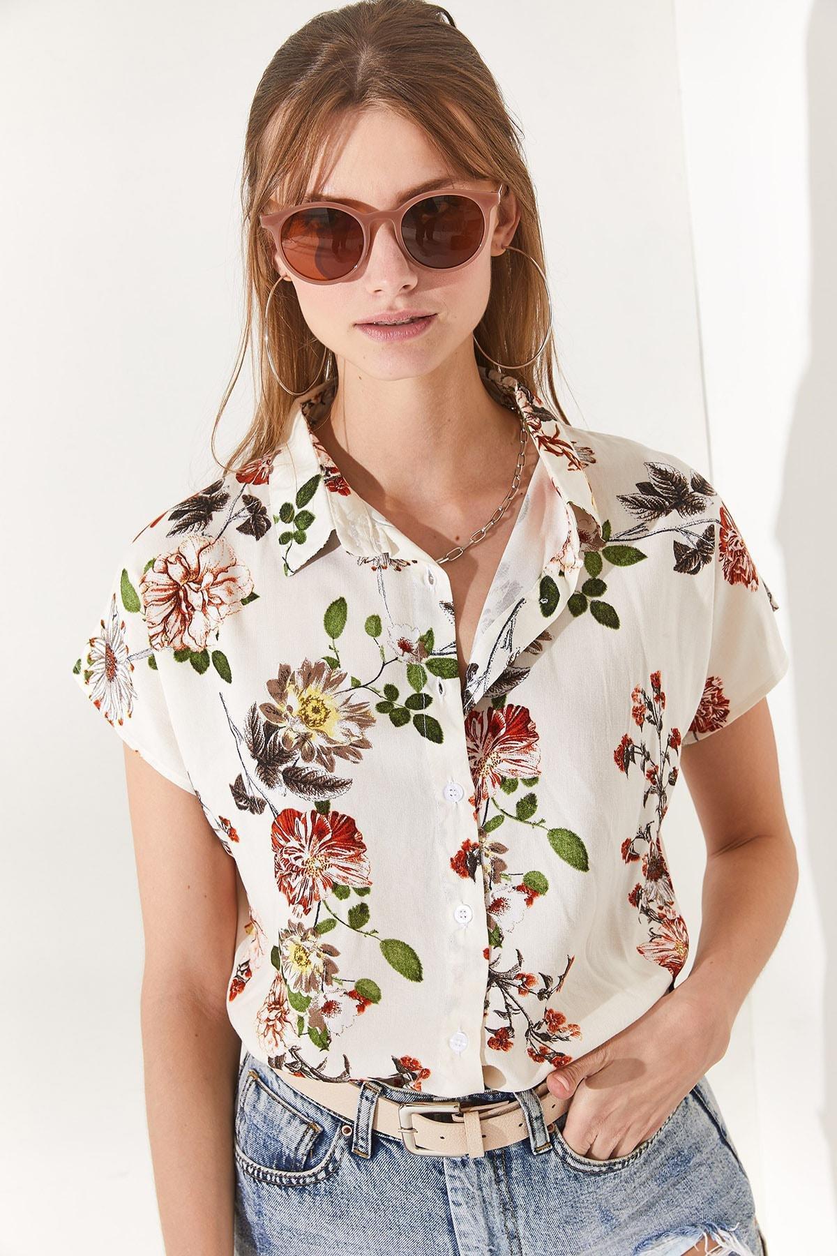 Ecru Floral Collared Shirt, , large image number 0