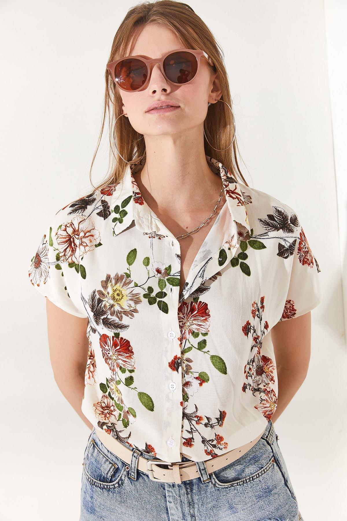 Ecru Floral Collared Shirt, , large image number 1