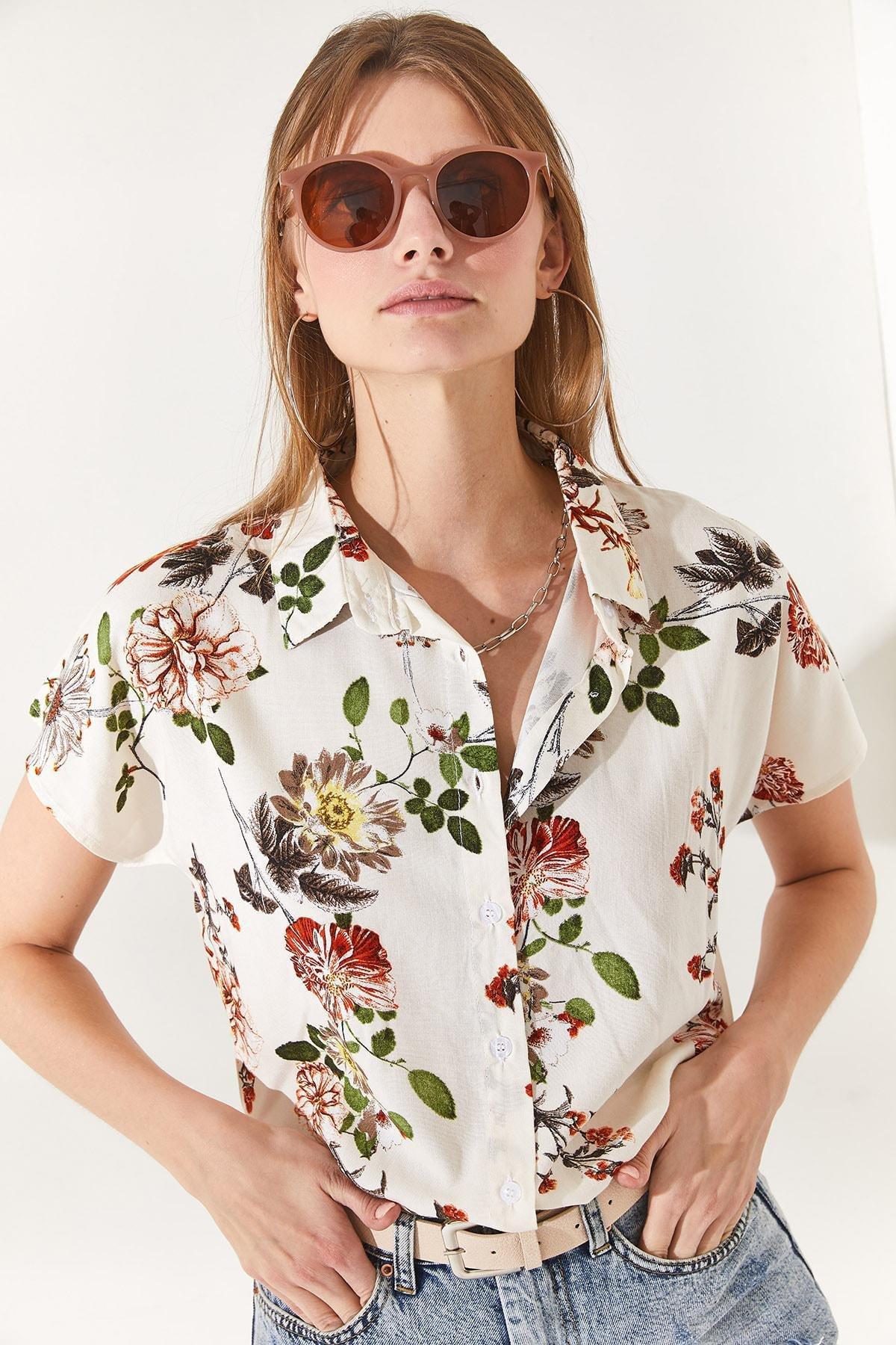 Ecru Floral Collared Shirt, , large image number 2