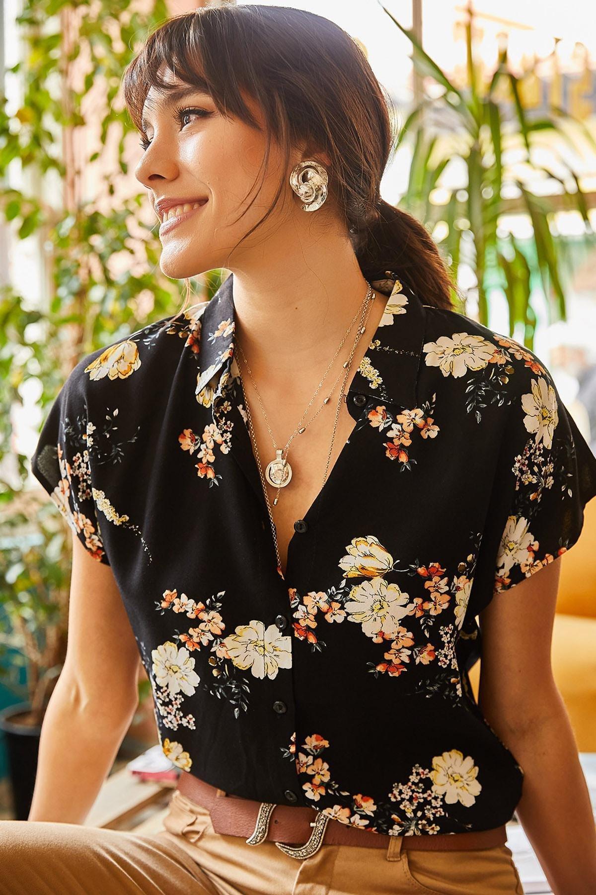 Black Floral Collared Shirt, , large image number 1