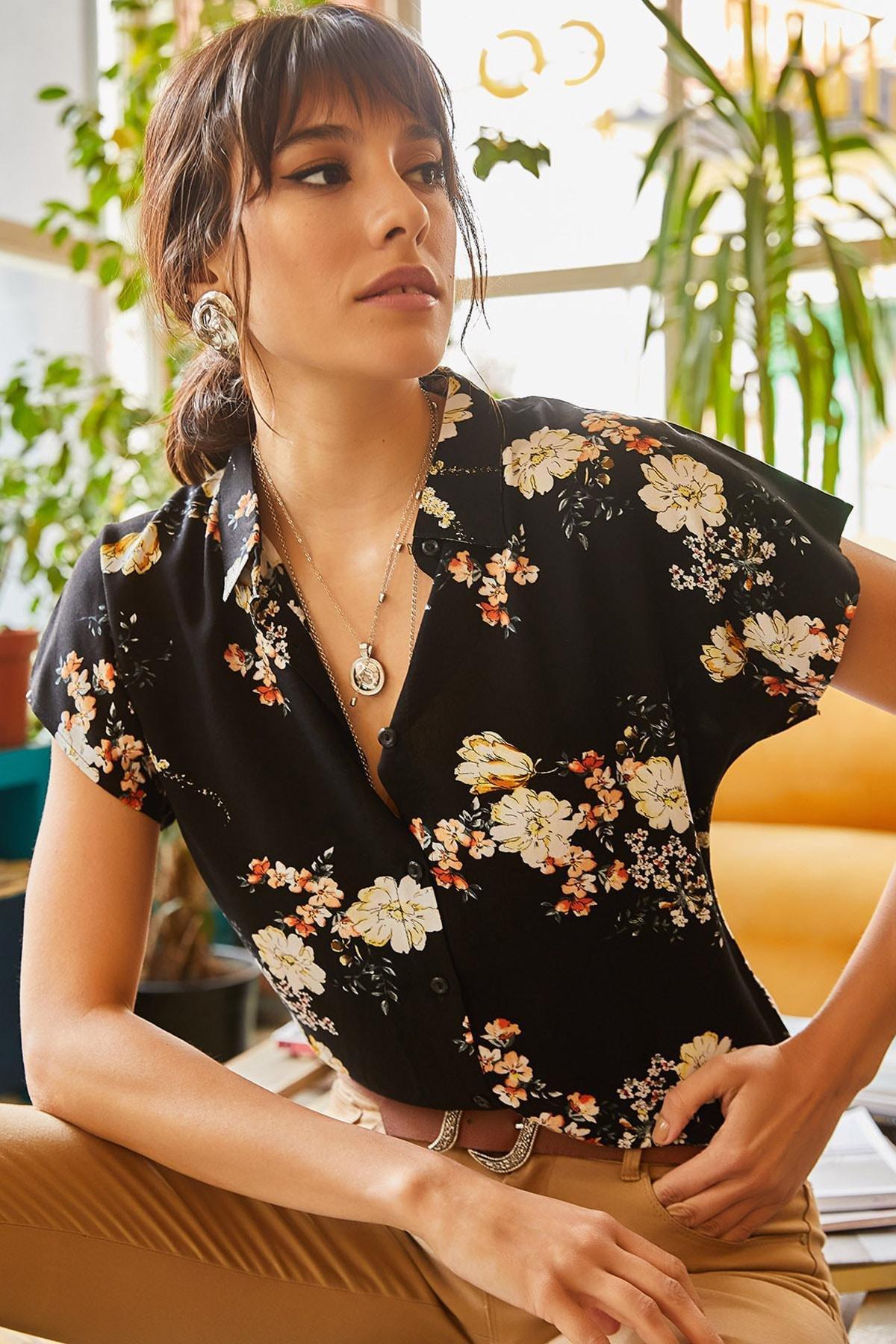 Black Floral Collared Shirt, , large image number 4