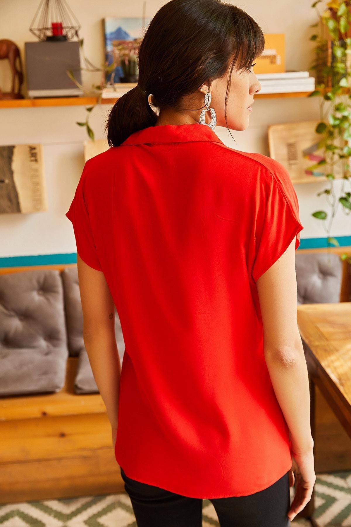 Red Collared Short Sleeves Shirt, Red, large image number 3
