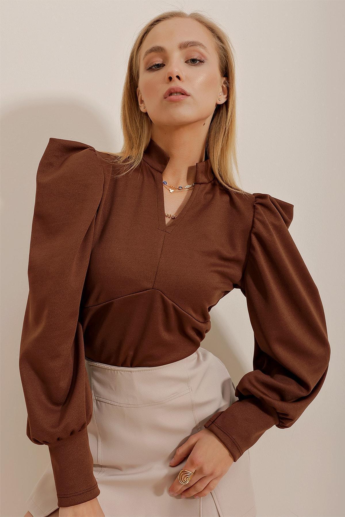 Brown Princess Sleeve Knitted Blouse, Brown, large image number 2