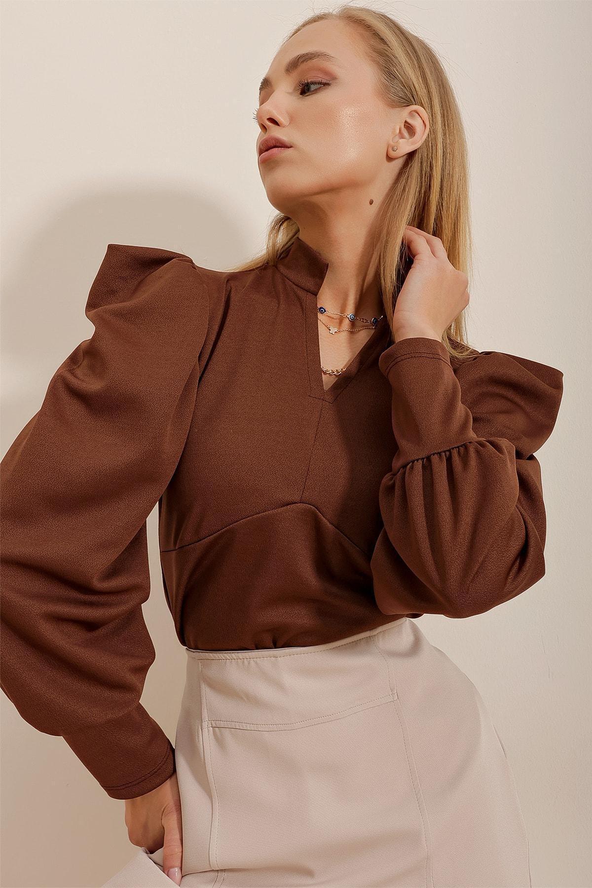 Brown Princess Sleeve Knitted Blouse, Brown, large image number 3