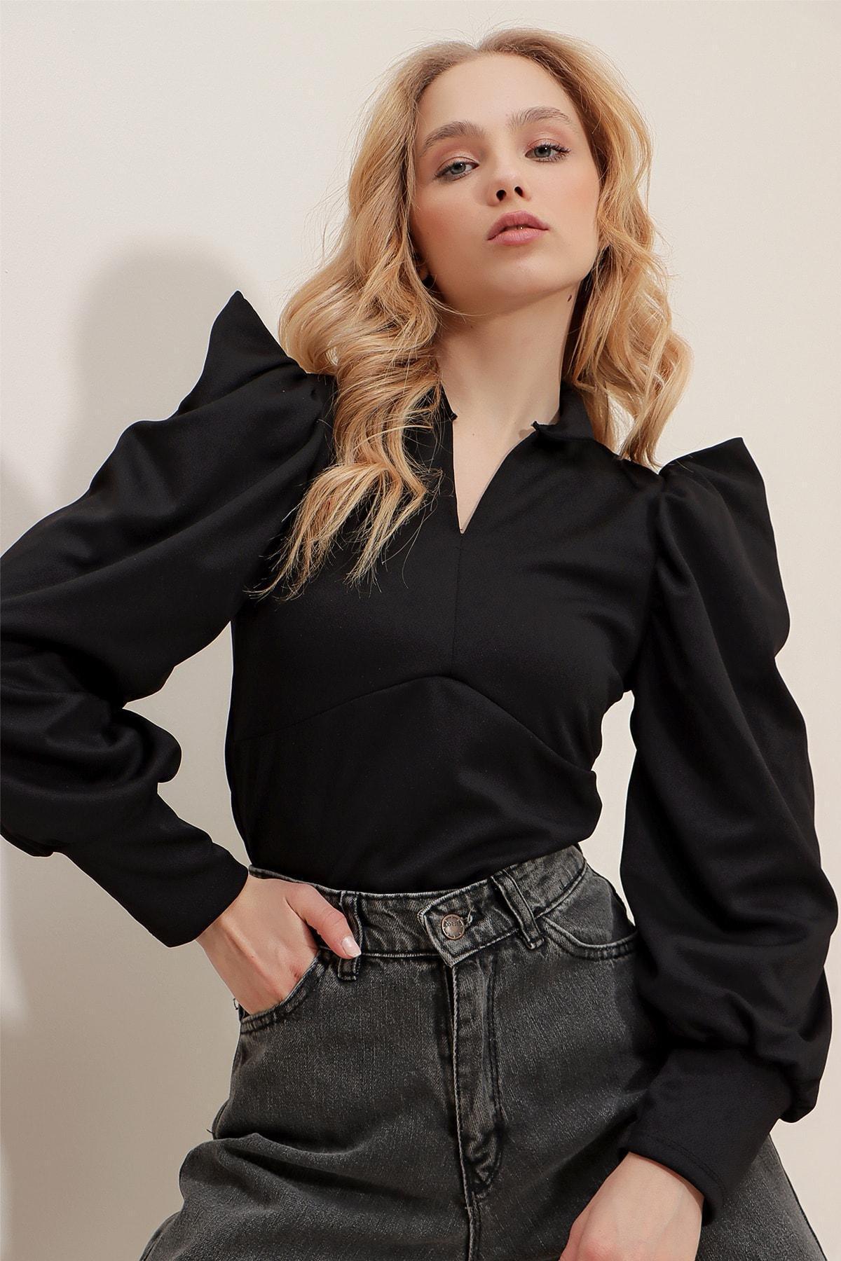Black Balloon Sleeve Blouse, Black, large image number 0