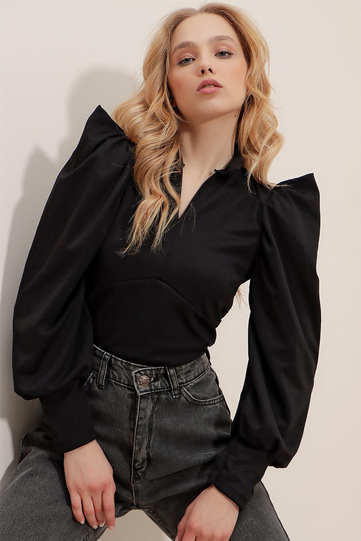 Black Balloon Sleeve Blouse, Black, large image number 2