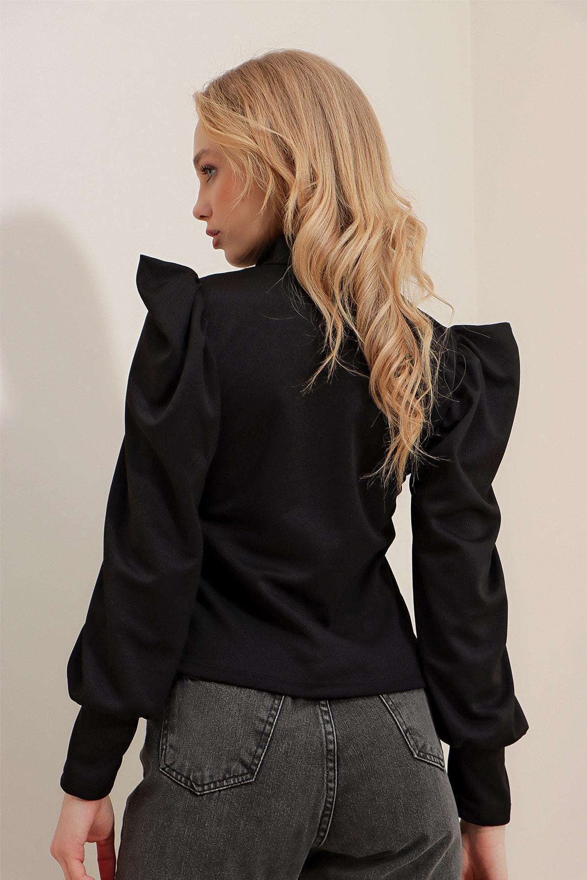 Black Balloon Sleeve Blouse, Black, large image number 3