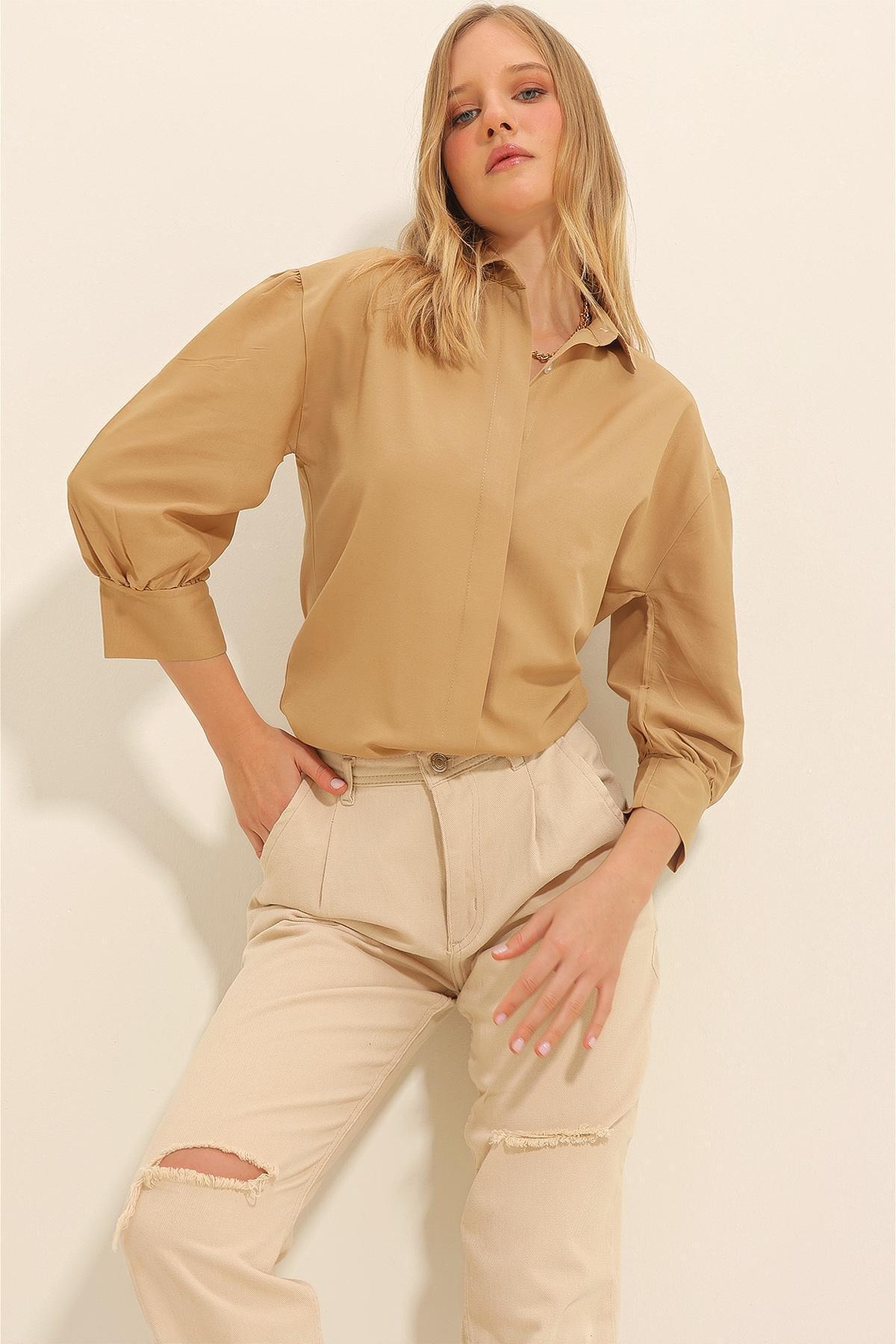 Beige Balloon Sleeve Basic Poplin Shirt, , large image number 0