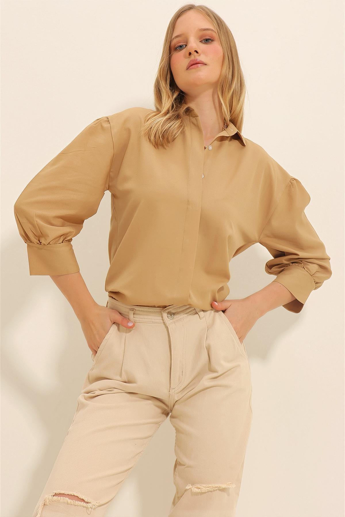 Beige Balloon Sleeve Basic Poplin Shirt, , large image number 1
