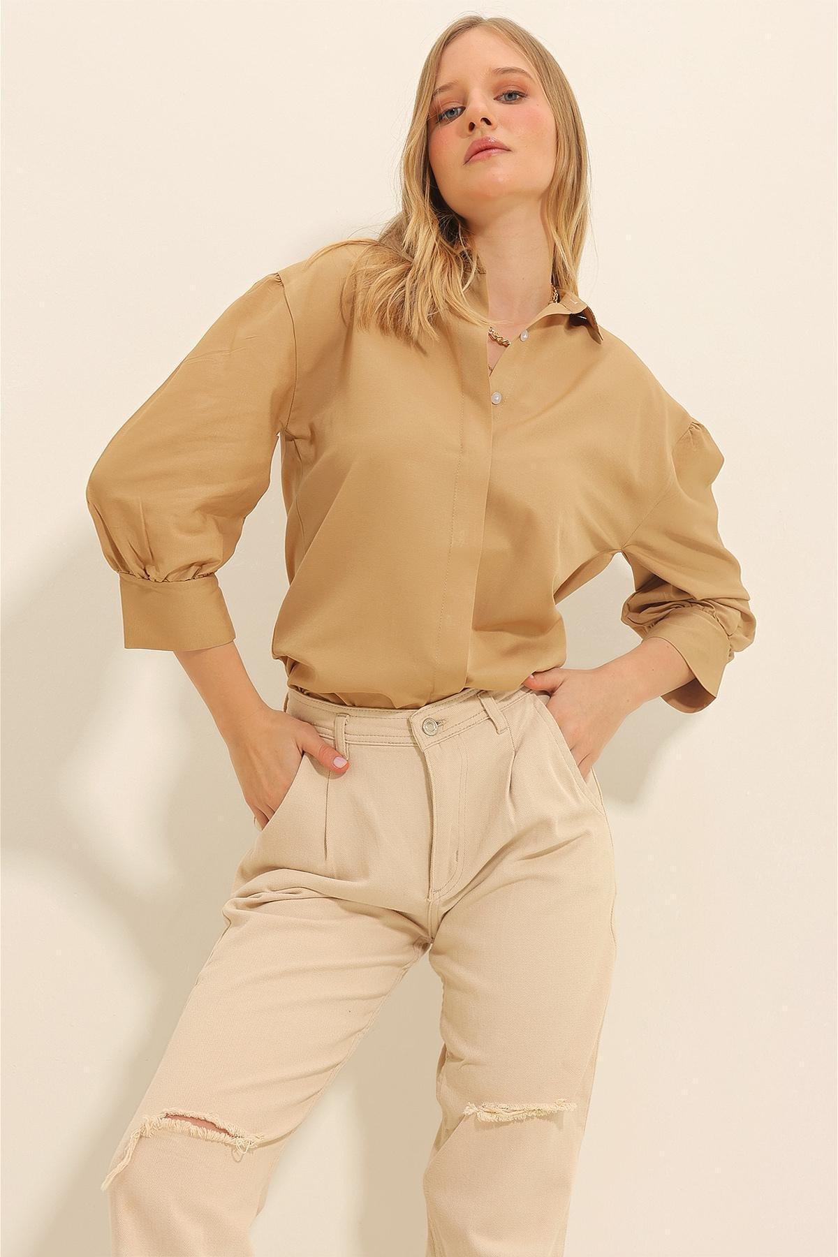Beige Balloon Sleeve Basic Poplin Shirt, , large image number 2
