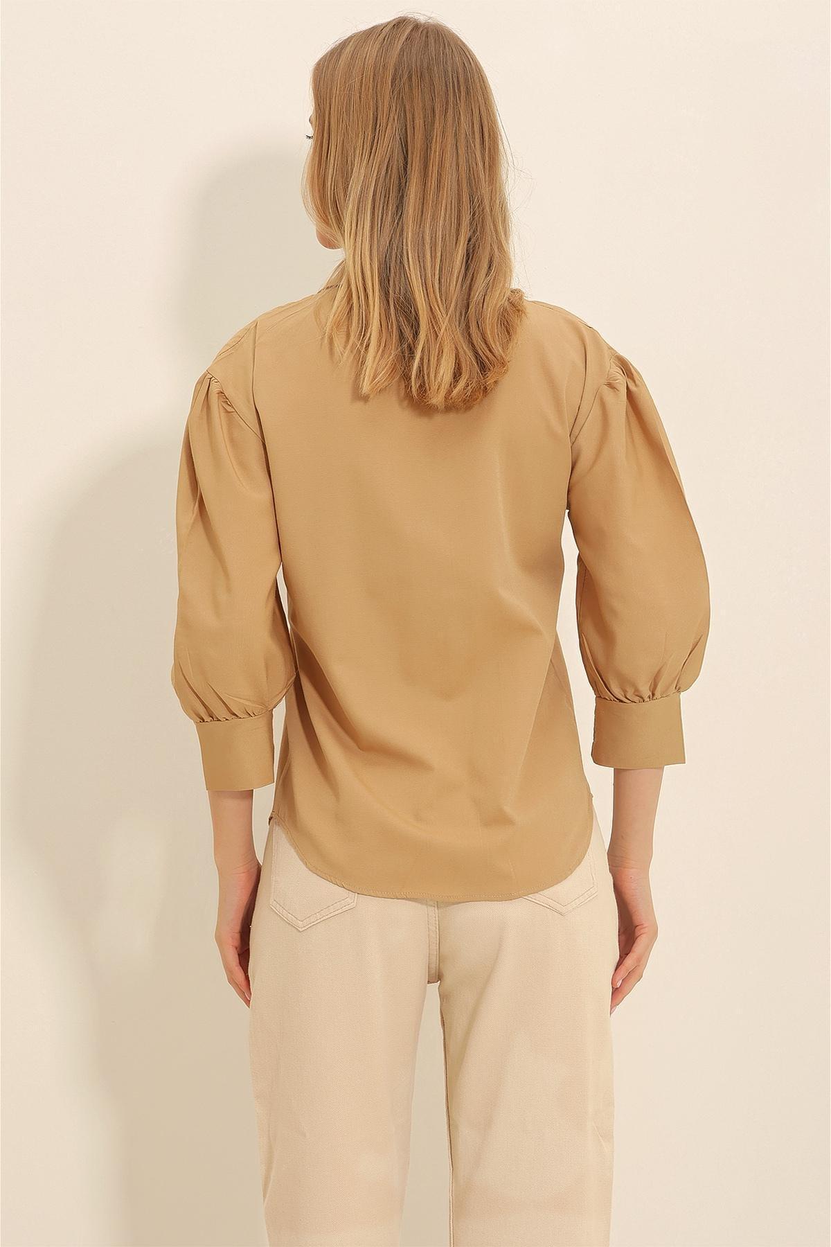 Beige Balloon Sleeve Basic Poplin Shirt, , large image number 3