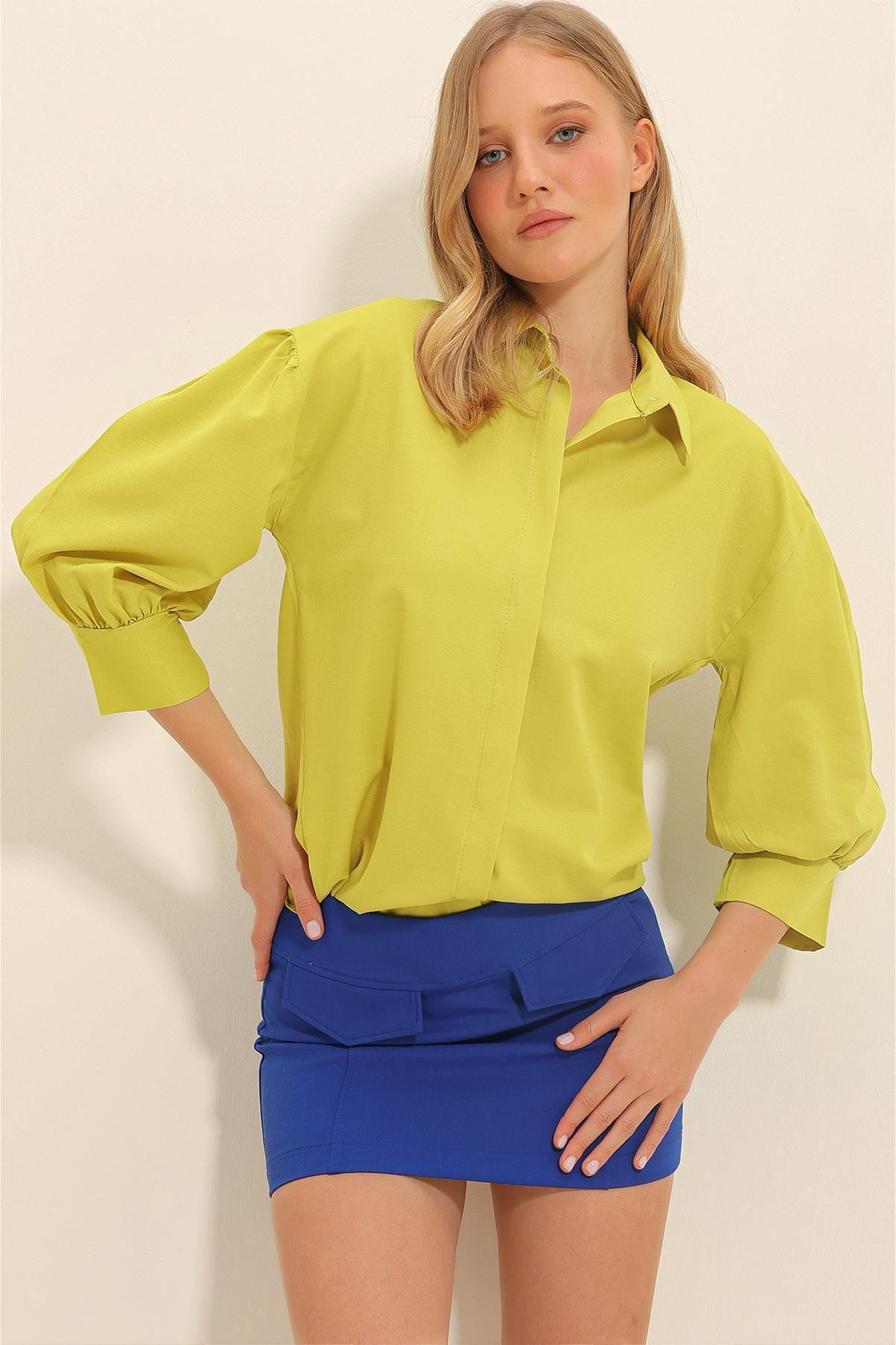 Green Balloon Sleeve Poplin Shirt, , large image number 1
