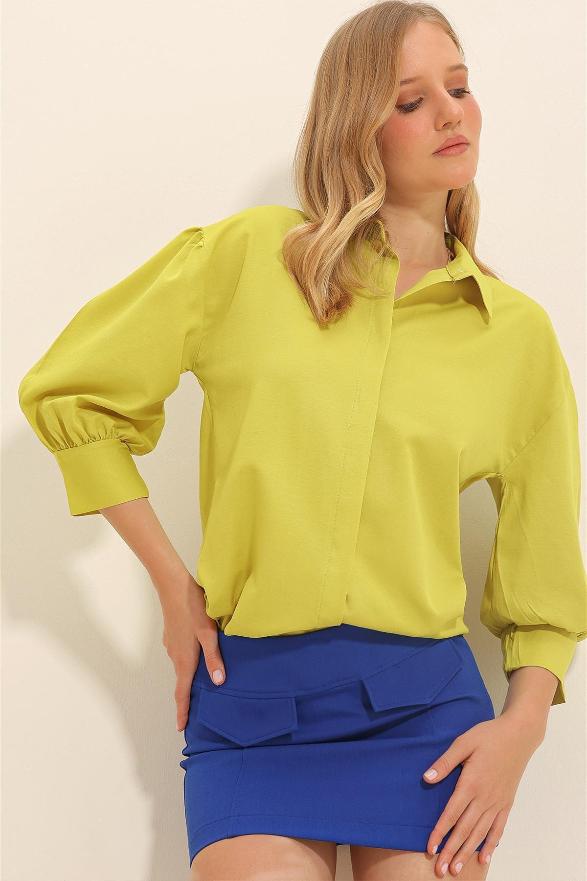 Green Balloon Sleeve Poplin Shirt, , large image number 3