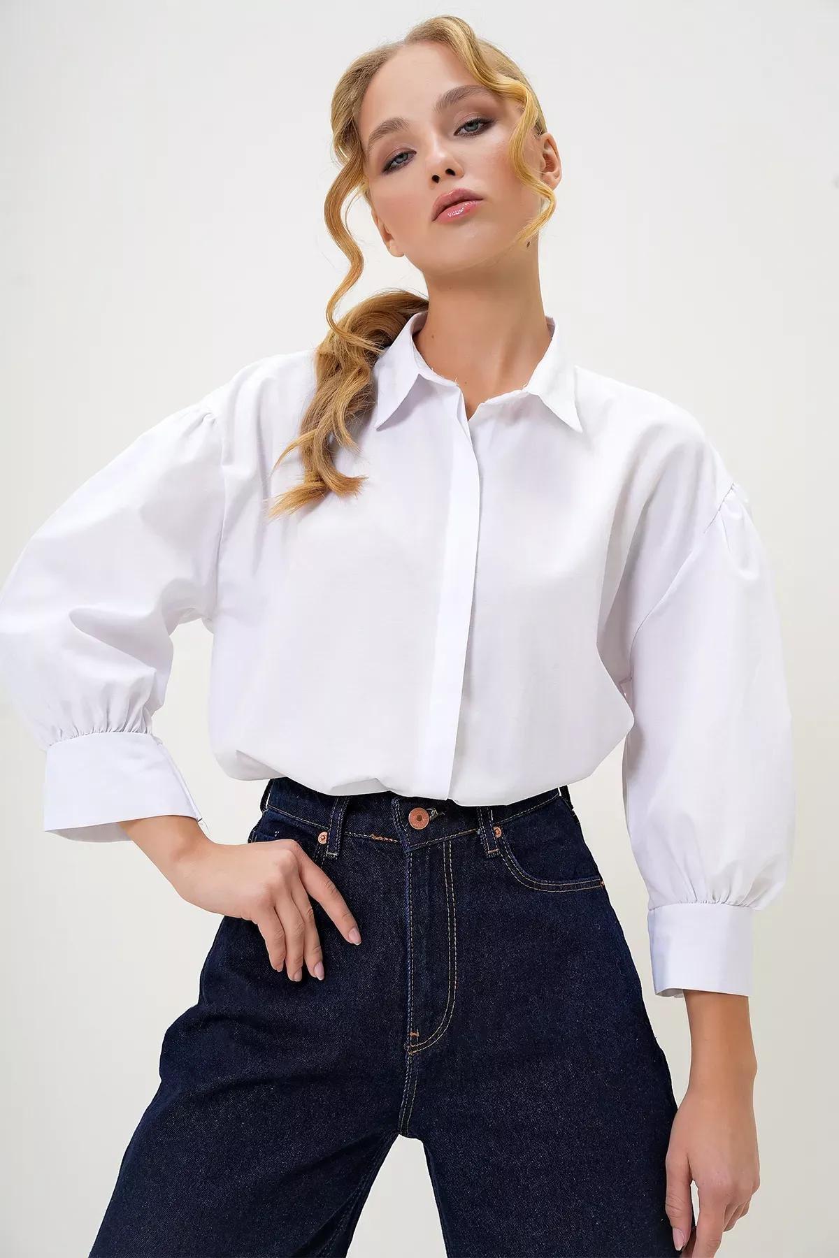 White Balloon Sleeve Shirt, White, large image number 0