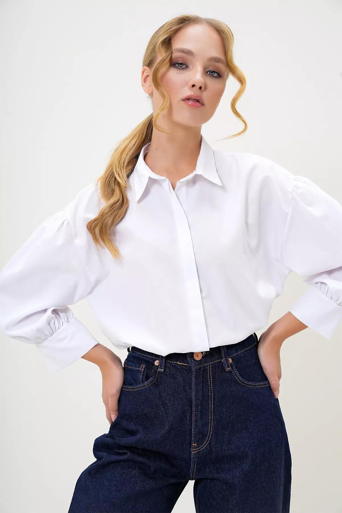 White Balloon Sleeve Shirt, White, large image number 2