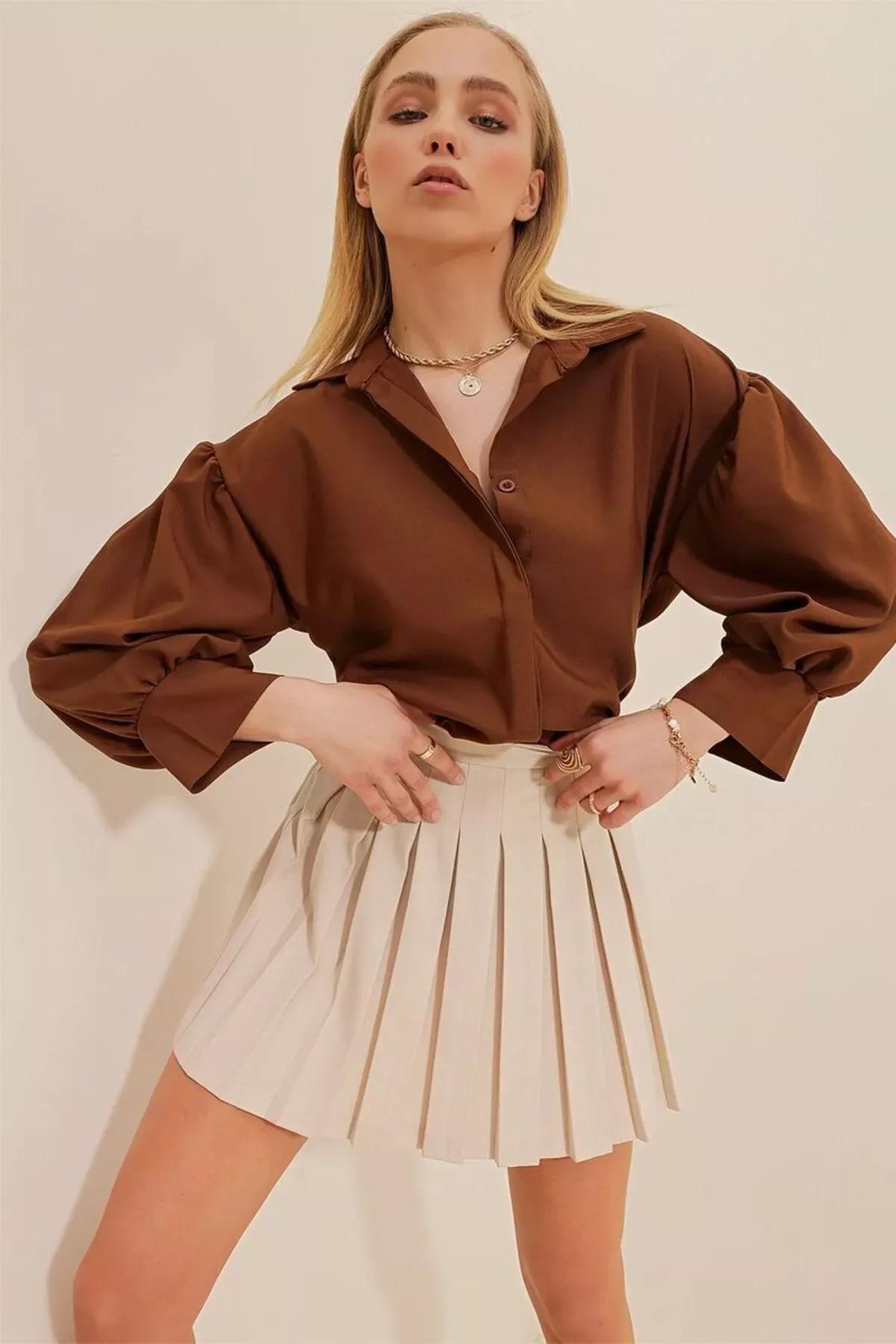 Brown Balloon Sleeve Shirt, Brown, large image number 0