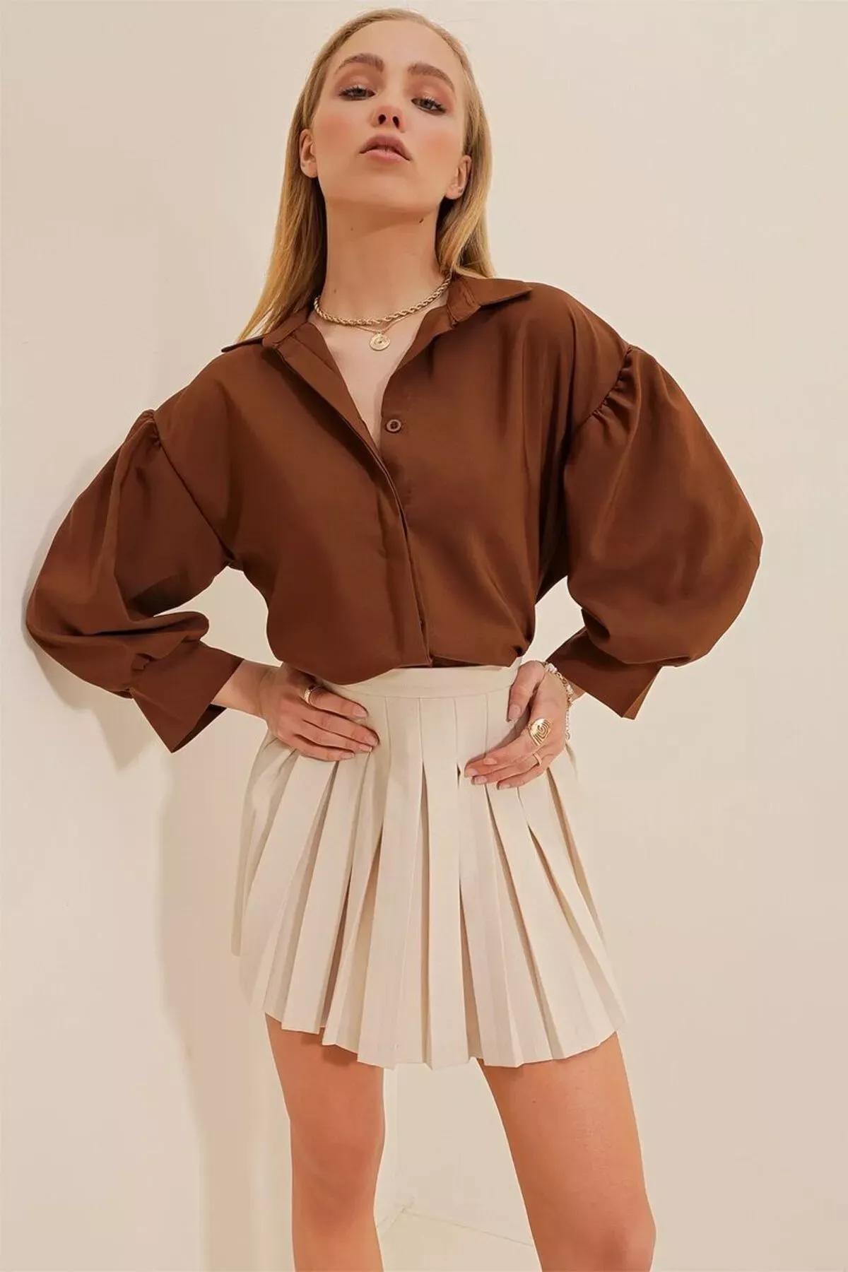 Brown Balloon Sleeve Shirt, Brown, large image number 1