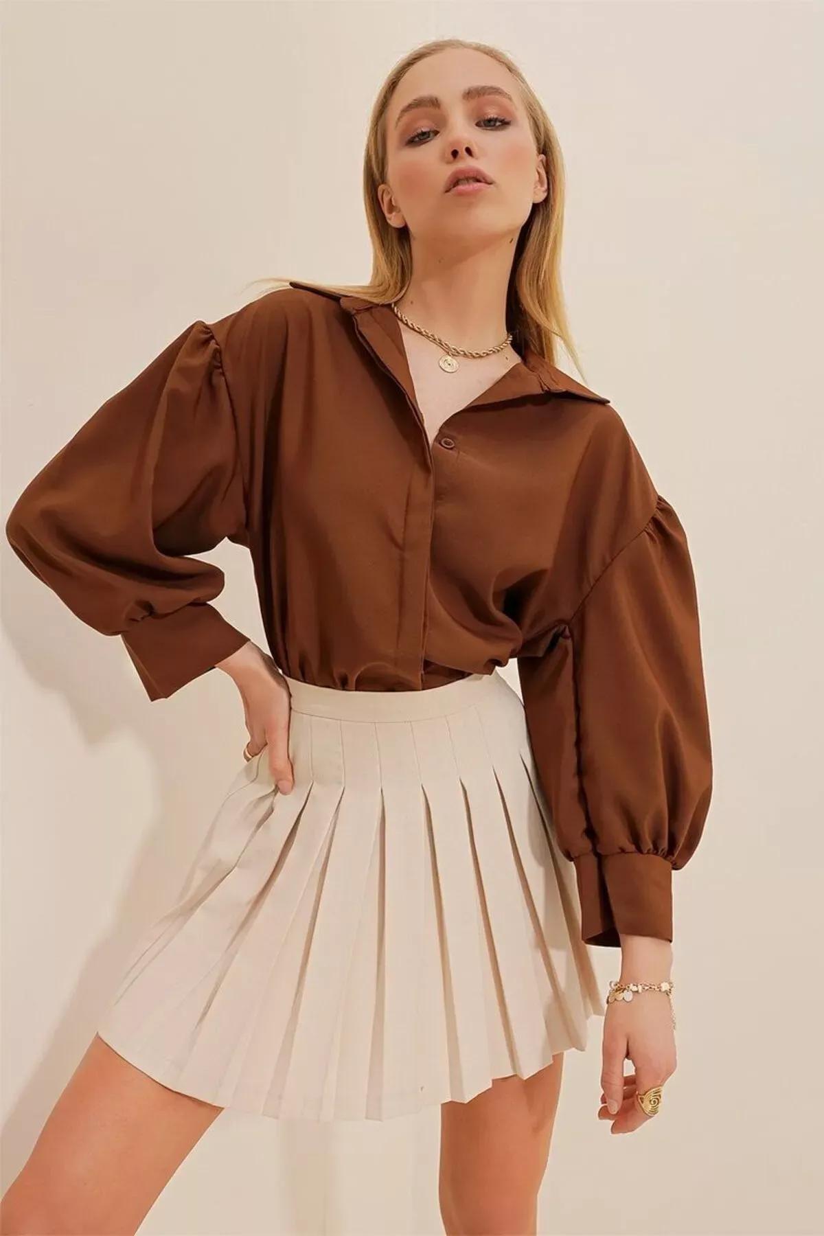 Brown Balloon Sleeve Shirt, Brown, large image number 2