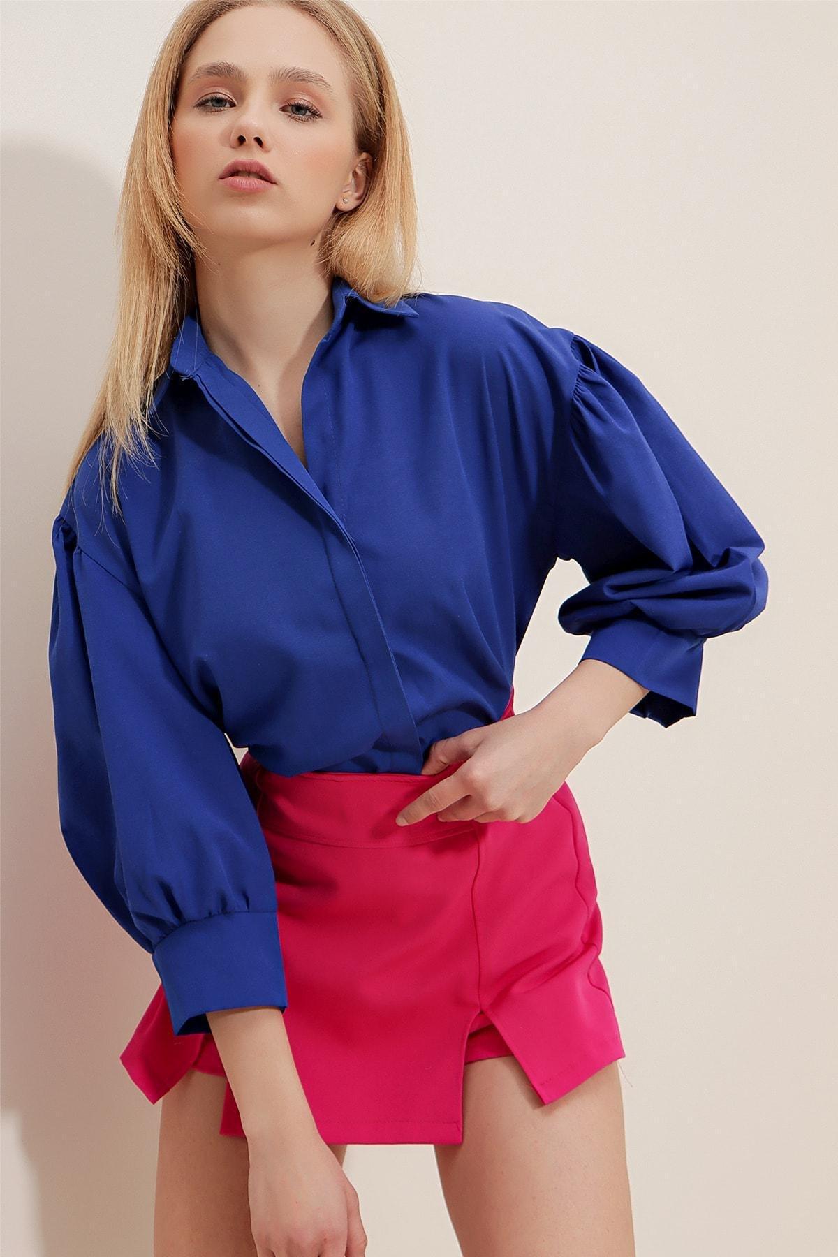 Navy Balloon Sleeve Shirt, , large image number 1
