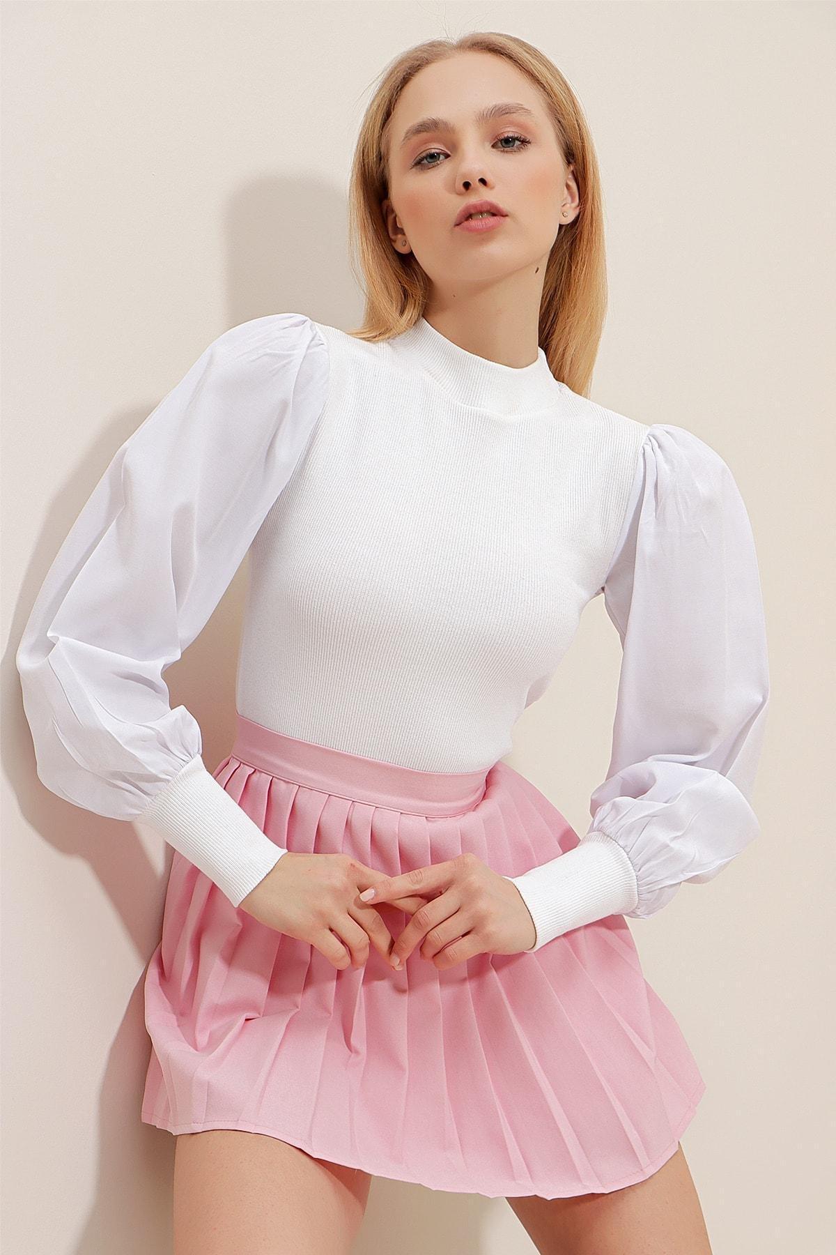 White Crew Neck Balloon Sleeve Blouse, White, large image number 1