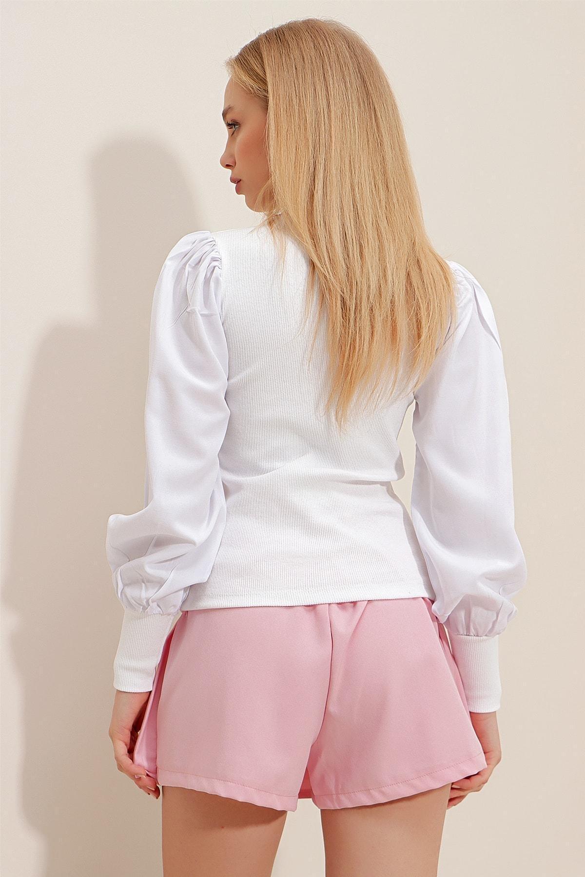 White Crew Neck Balloon Sleeve Blouse, White, large image number 2