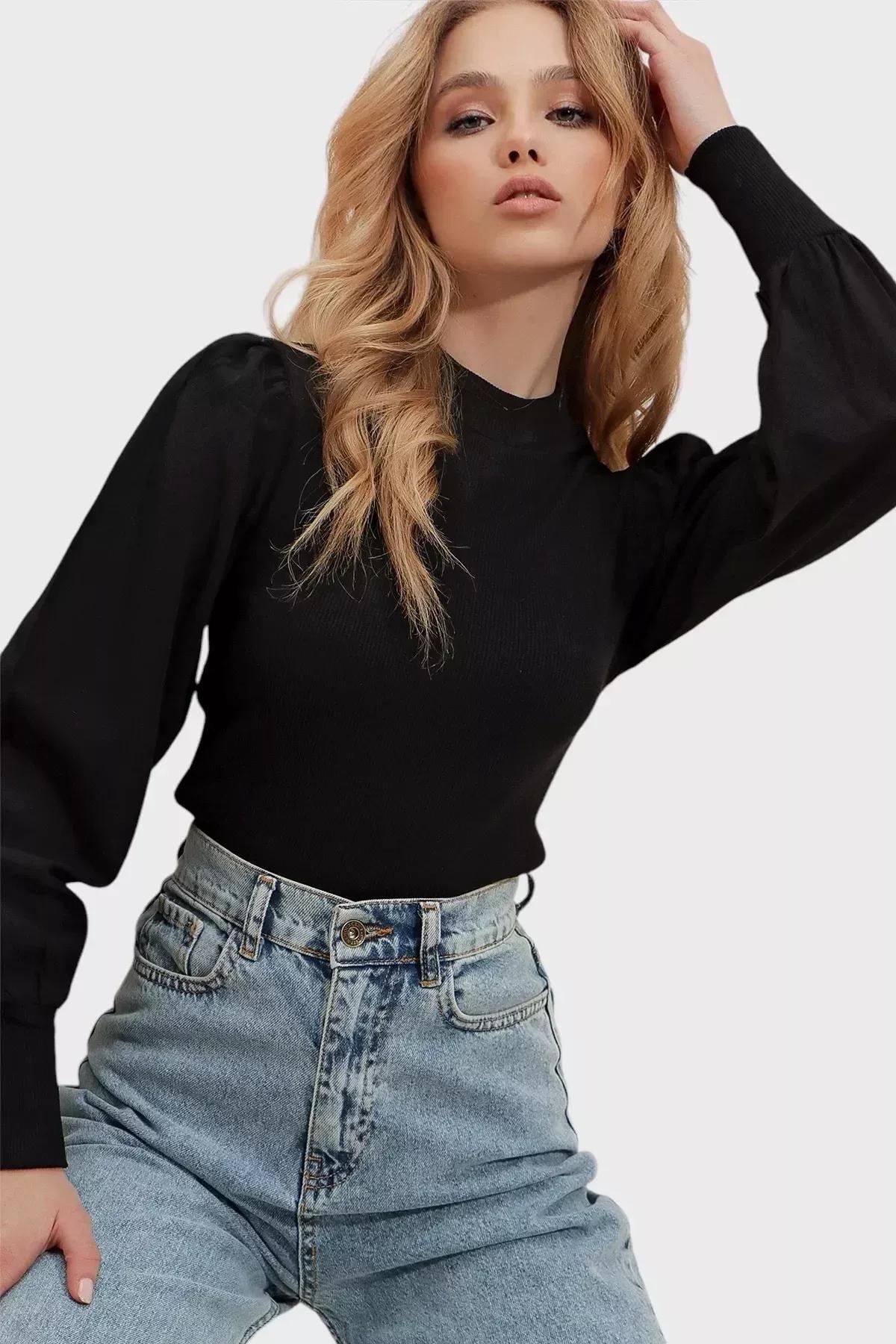 Black Crew Neck Balloon Sleeve Blouse, Black, large image number 2