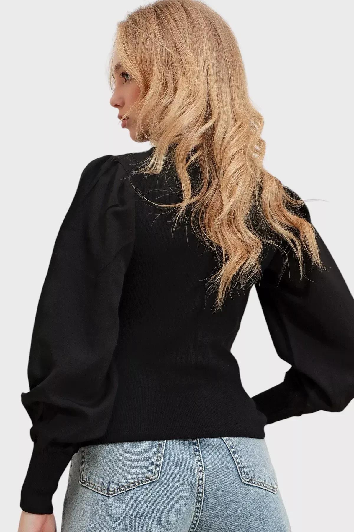 Black Crew Neck Balloon Sleeve Blouse, Black, large image number 3