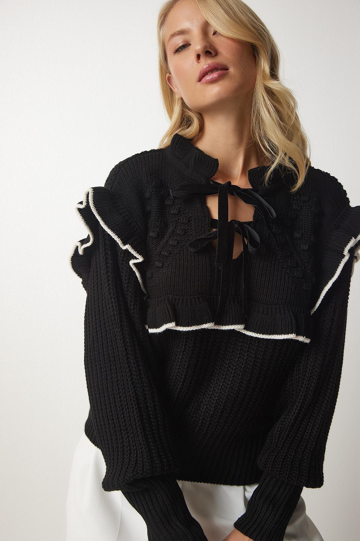 Black Frilly Knitwear Sweater, BLACK, large image number 1