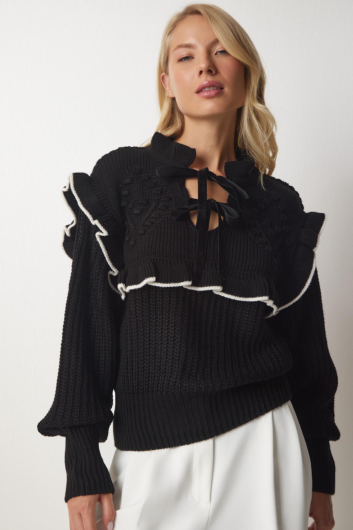 Black Frilly Knitwear Sweater, BLACK, large image number 2