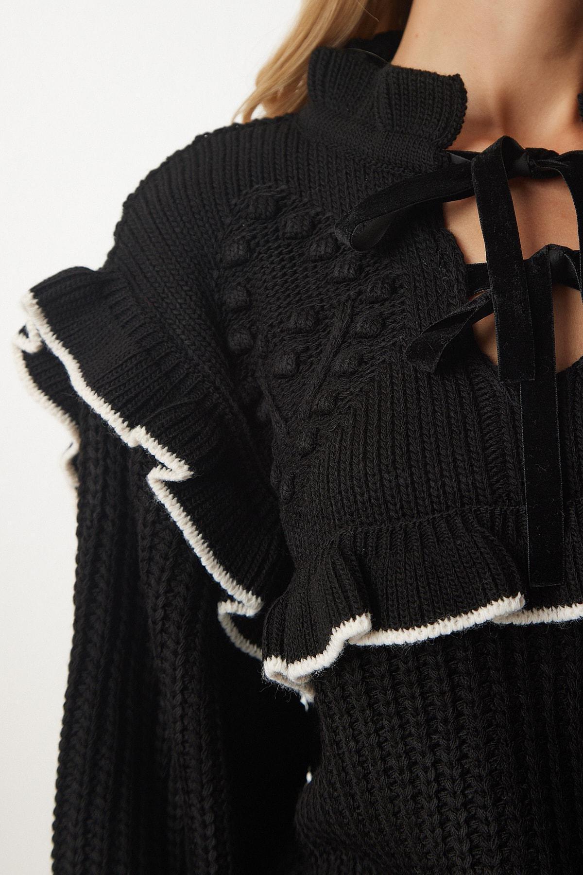 Black Frilly Knitwear Sweater, BLACK, large image number 3